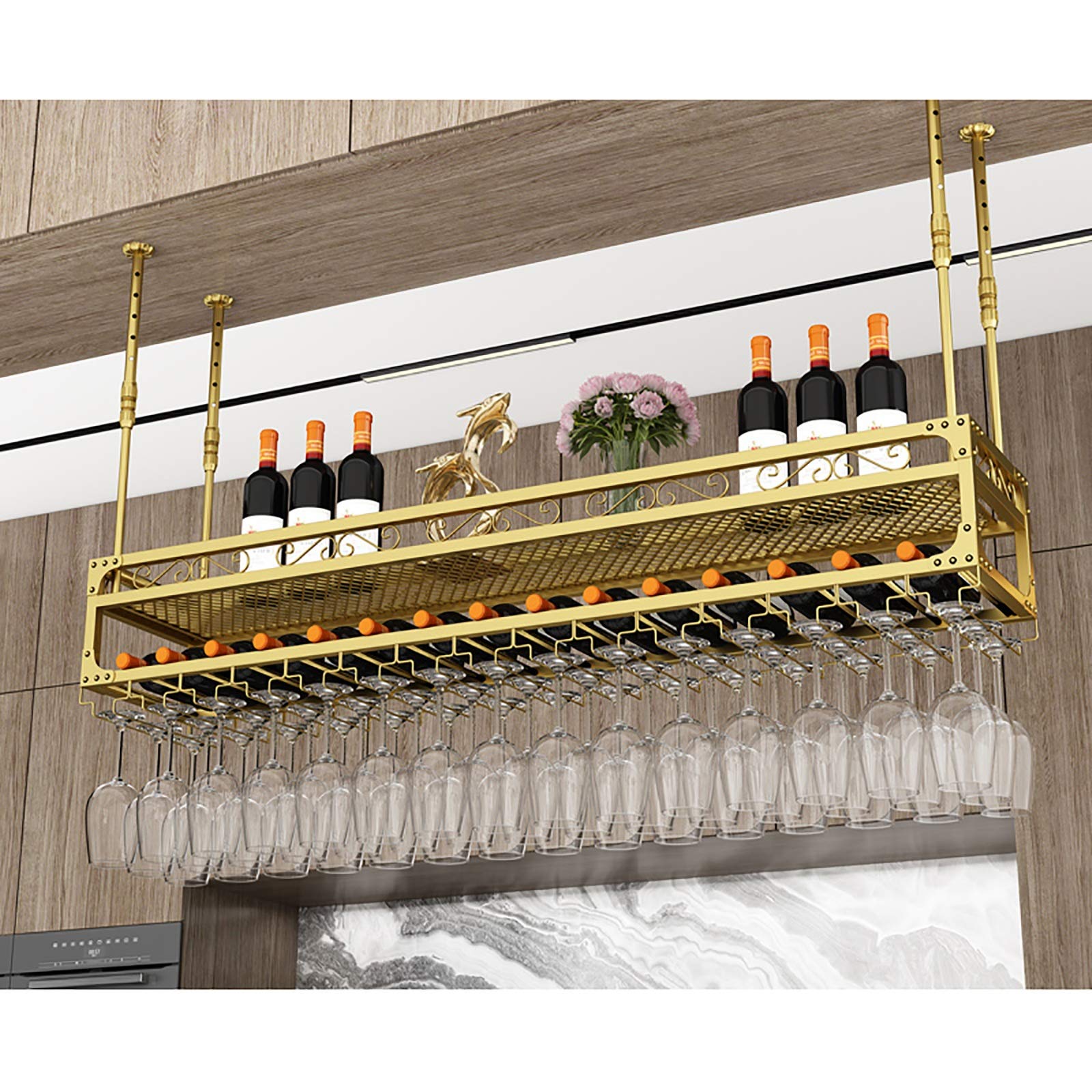 POLGDW Industrial Hanging Wine Glass Rack with Adjustable Ceiling Bar and Shelf 2 Layer Metal Wall Mounted Iron Bottle Holder Shelf.