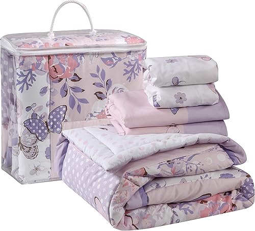 Miniatura 8 de La Premura Juego de ropa de cama de cuna de mariposa floral rosa 4 piezas de tamaño estándar para cuna para niñas rosa pastel y azul bebé