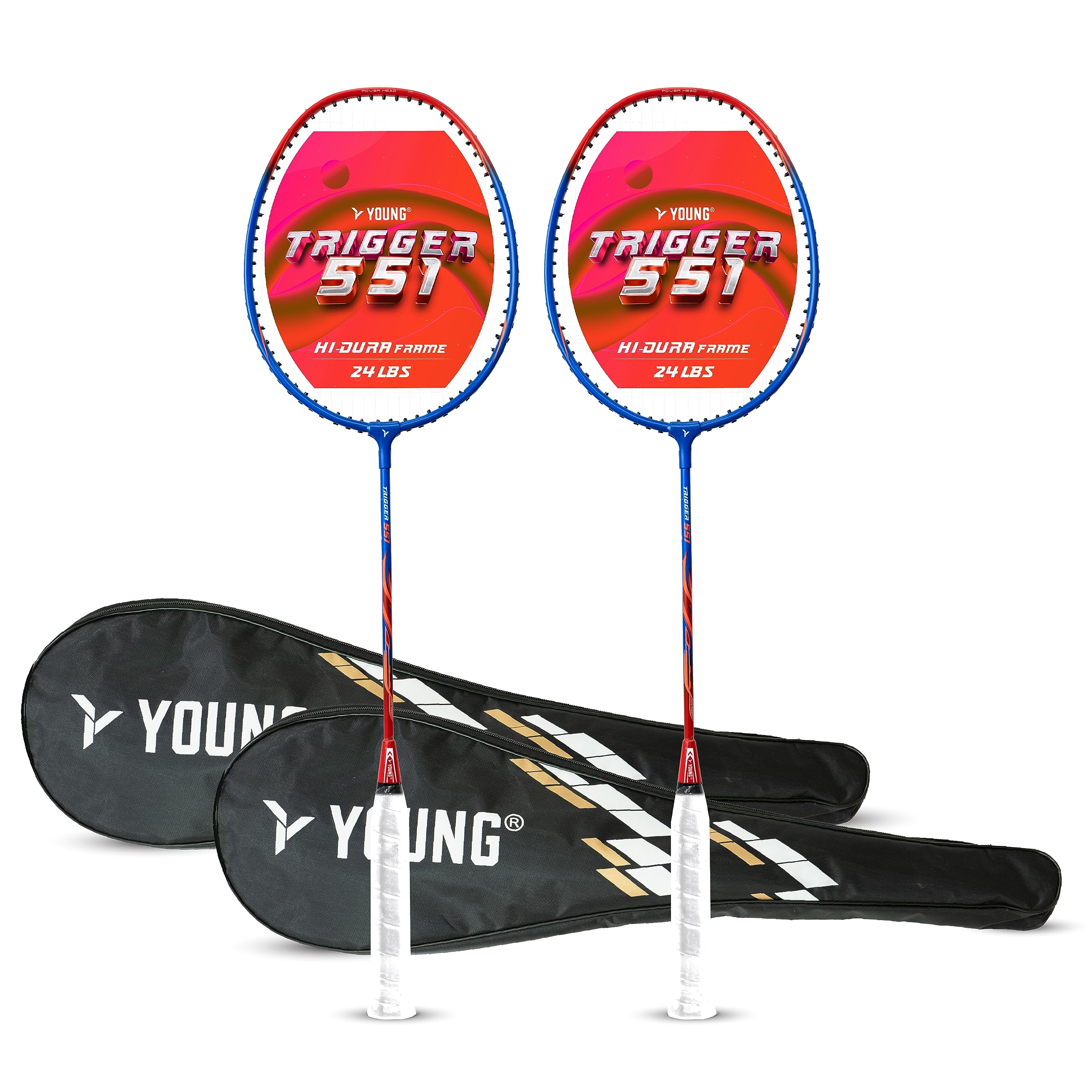 YOUNG Aluminium Trigger 551 (Power Head, High Durable) Set of 2 Strung Badminton Racket with 2 Free Full Cover (Blue Red)