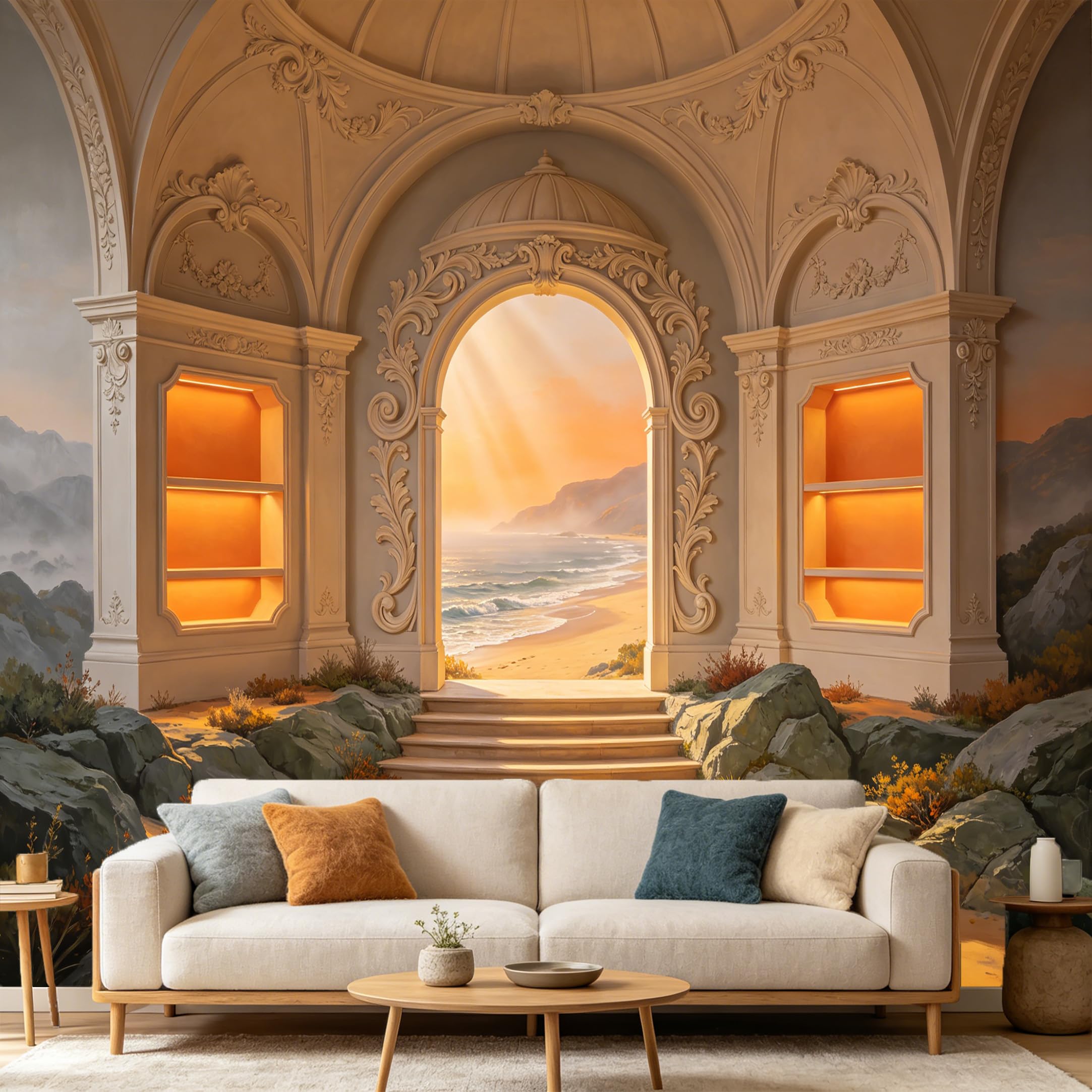 Custom Size Wall Mural， 3D Trompe L'Oeil Coastal Beach Ocean View Archway Neoclassical Architecture， SelfAdhesive Art Prints wall Fabric Removable Large Wallpaper Home Living Room Decor