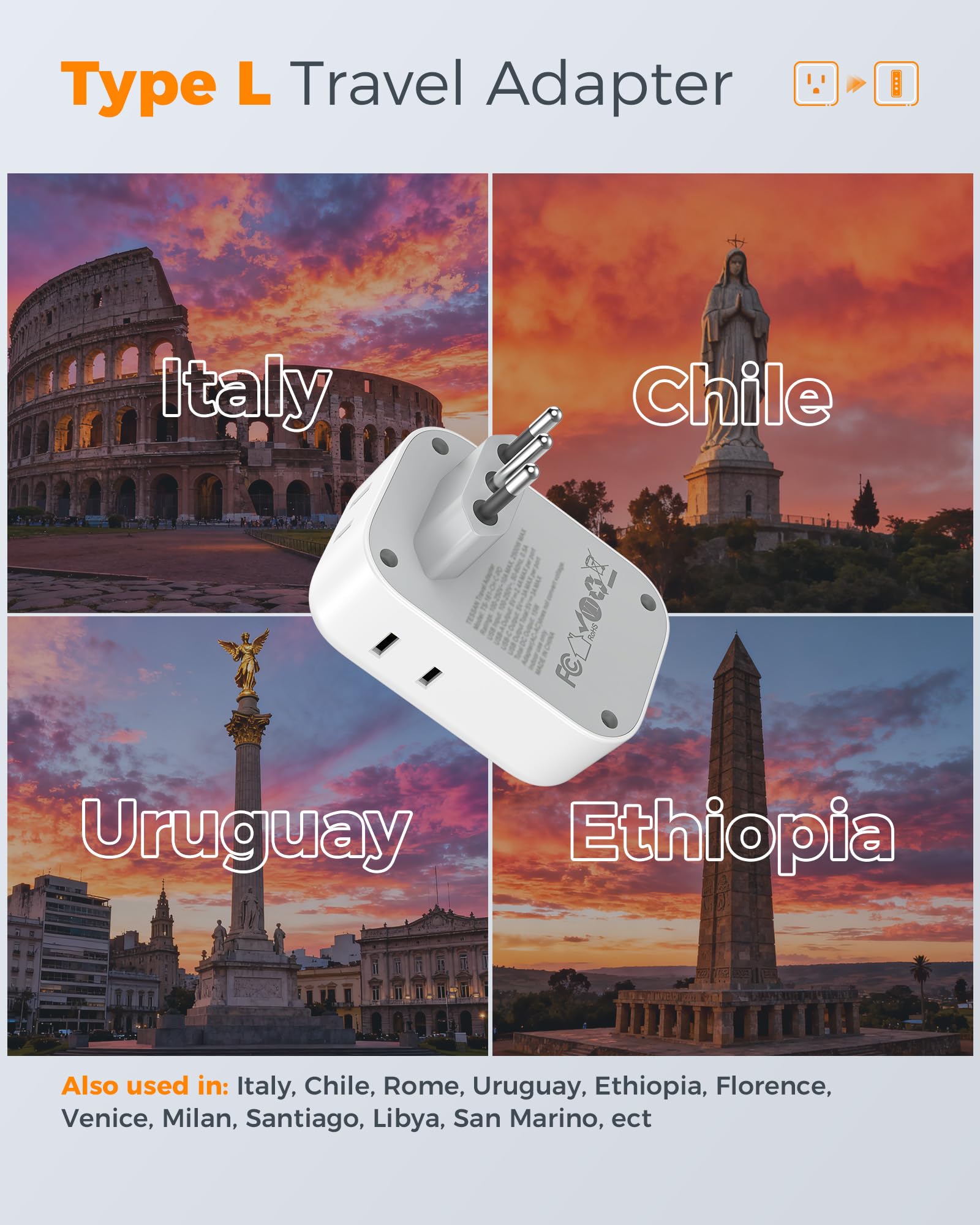 TESSAN Italy Travel Plug Adapter 2 Pack Type L -2