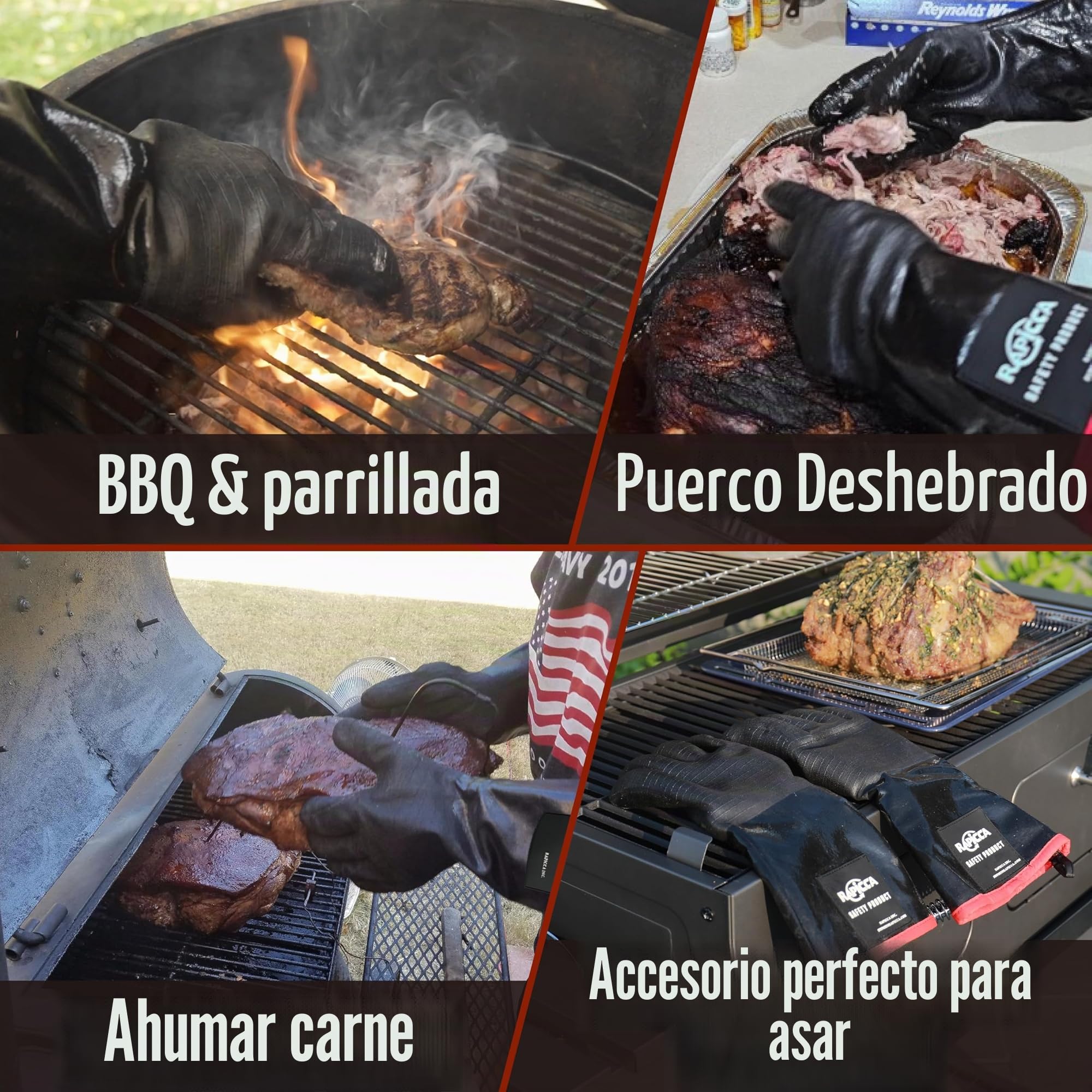 RAPICCA BBQ Parrilla Guantes para Horno, Ahumador Resistente Al Calor, Guantes para Cocinar Barbacoa, Parrilla, Impermeable, Ignífugo, Revestimiento de Neopreno Resistente al Aceite Tamano XL 43.2cm