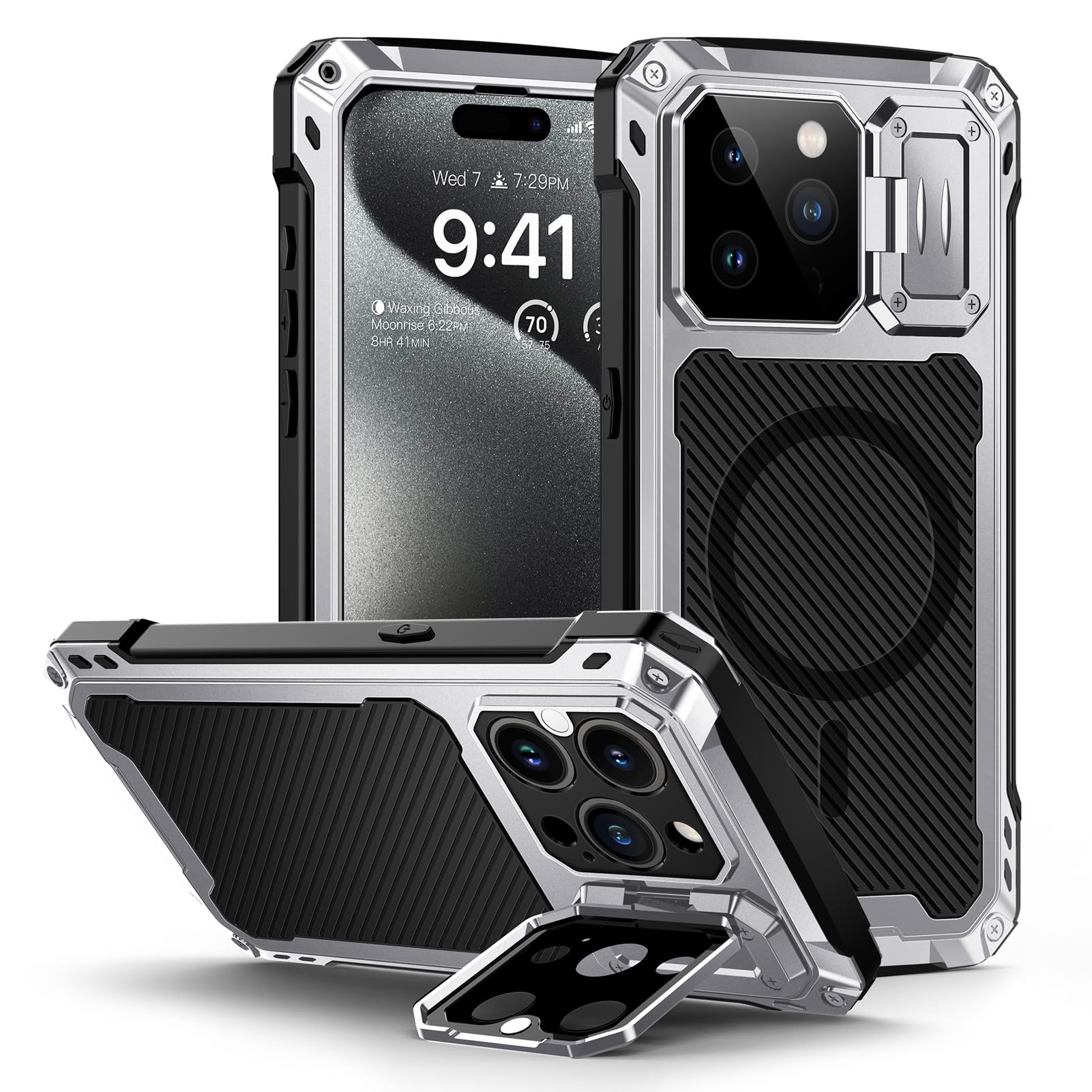 Lanhiem for iPhone 15 Pro Max Metal Case, [Built-in Camera Kickstand & Glass Screen Protector] Protective Heavy Duty Full Body Military Rugged