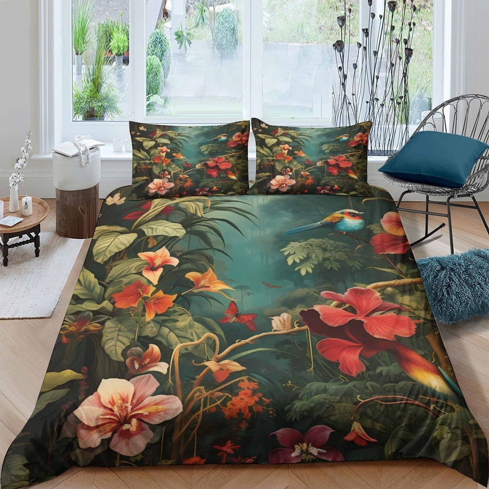 P5V6M1Q9 3D Printed Tropical Floral Duvet Cover Microfiber Soft Breathable Botanical Bedding Set with 2 Pillowcases for Bedroom Décor Single（135x200cm）