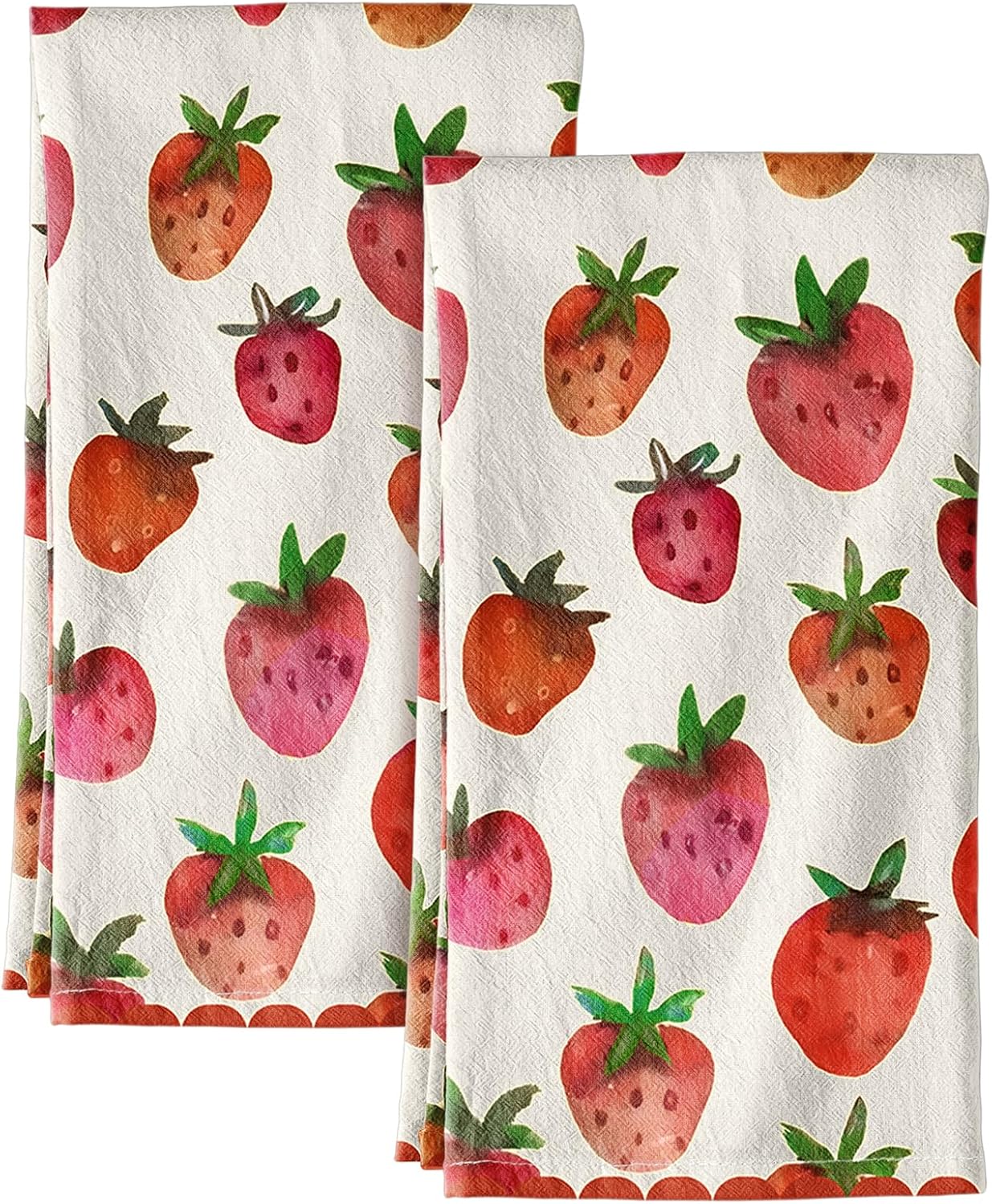 Miss Adola Flour Sack Kitchen Towels - Set of 2 Cotton Dish Towels with Hanging Loop Decorative 16x26 Inch Absorbent Cute Design for Housewarming Gifts, Strawberry