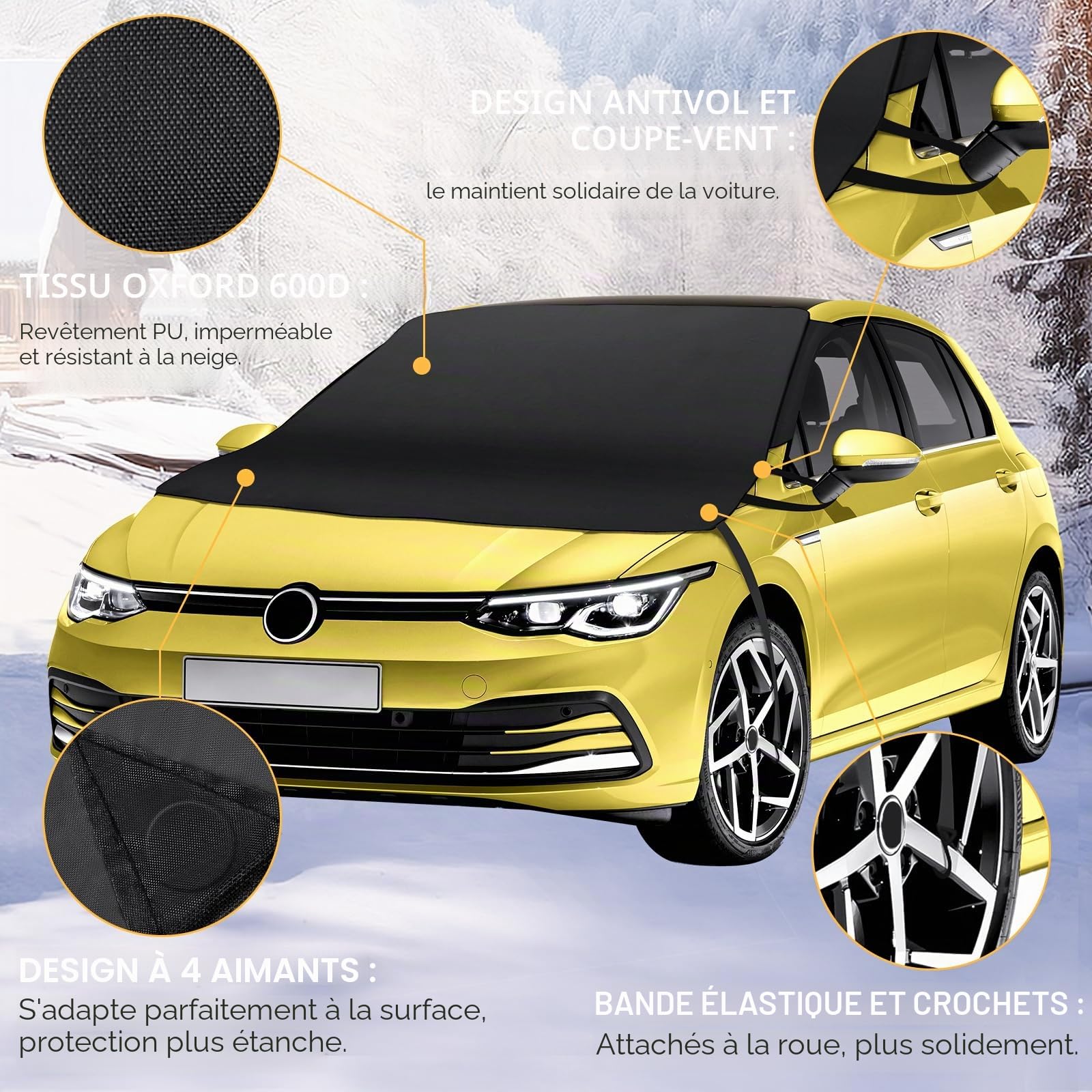 Couverture Pare Brise Voiture, Fixation magnétique Pliable Amovible Couverture Contre la Neige, Protege Pare Brise Givre，Protection Contre la Neige, Le Gel et Le Soleil