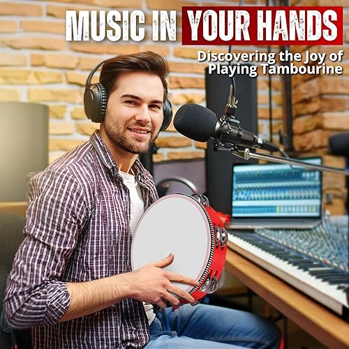 Miniatura 26 de Flexzion Pandereta redonda de madera para niños y adultos de 10 pulgadas de una sola fila, 8 pares de jingles, instrumento de percusión de mano rojo