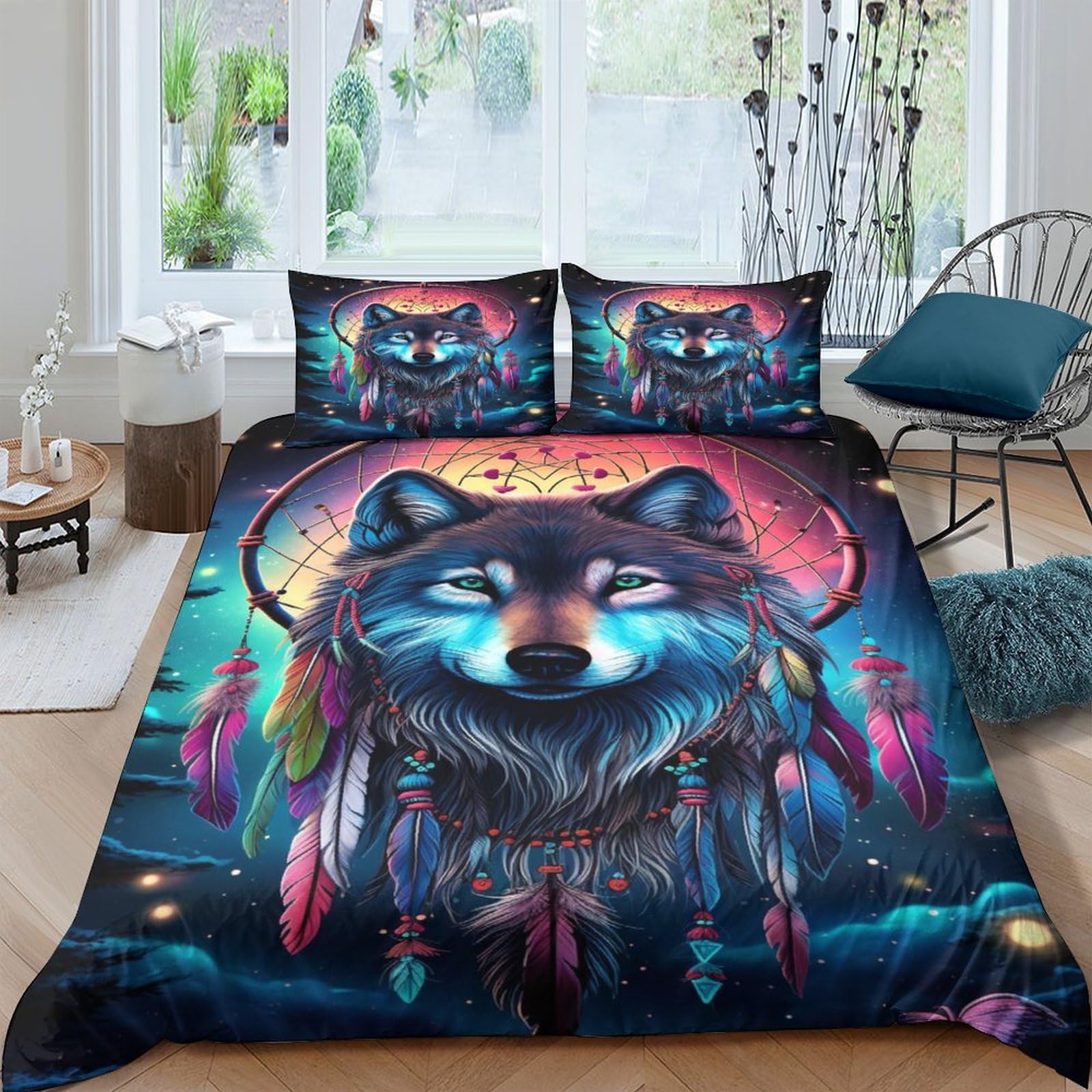 Housse couette loup imprimé 3D mince et légère pour lit deux personnes