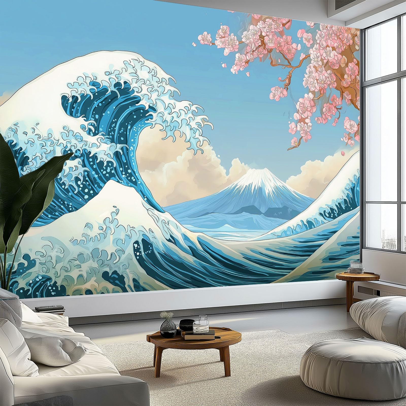 Tapeta samoprzylepna na ścianę w stylu japońskim, 400 x 280 cm granatowa tapeta z kreskówkowym kwiatem wiśni góra Fuji druk folia samoprzylepna do mebli do sypialni salonu łazienki kuchni
