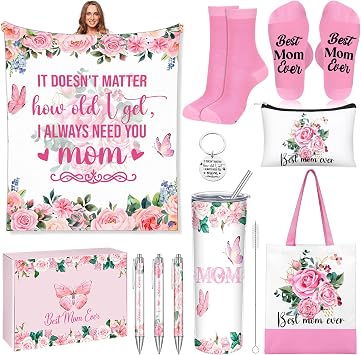 JenPen 10 Pcs Happy Mothers Day Gift Sets for Mom Rose Butterfly Best Mom Ever Basket Include 20 oz Stainless Steel Tumbler Cosmetic Bag Throw Blanket Socks for Women Mothers Day