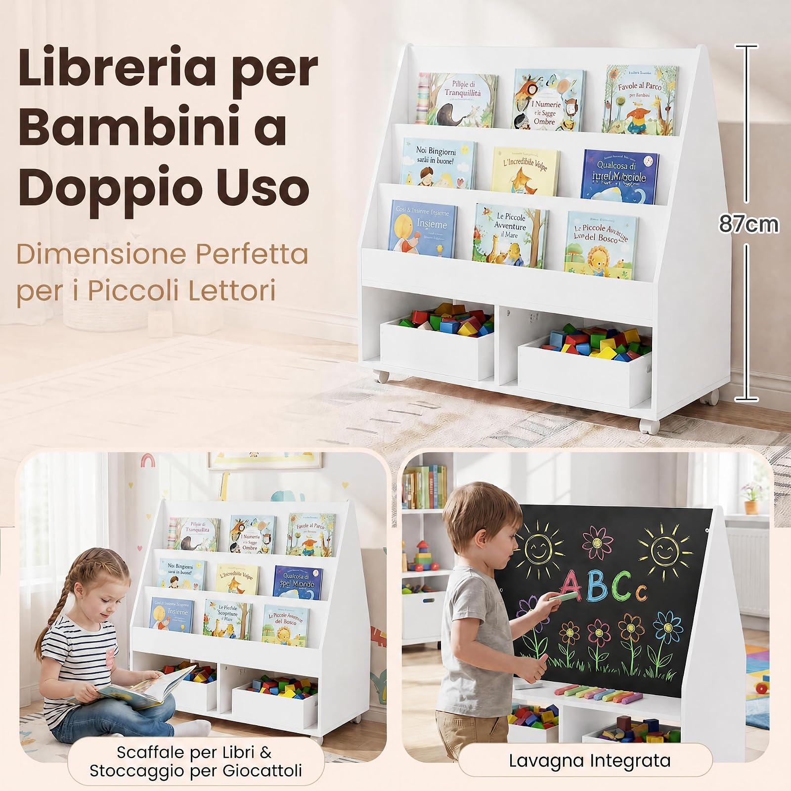 RELAX4LIFE Libreria Montessoriana per Bambini con Lavagna (Bianco)