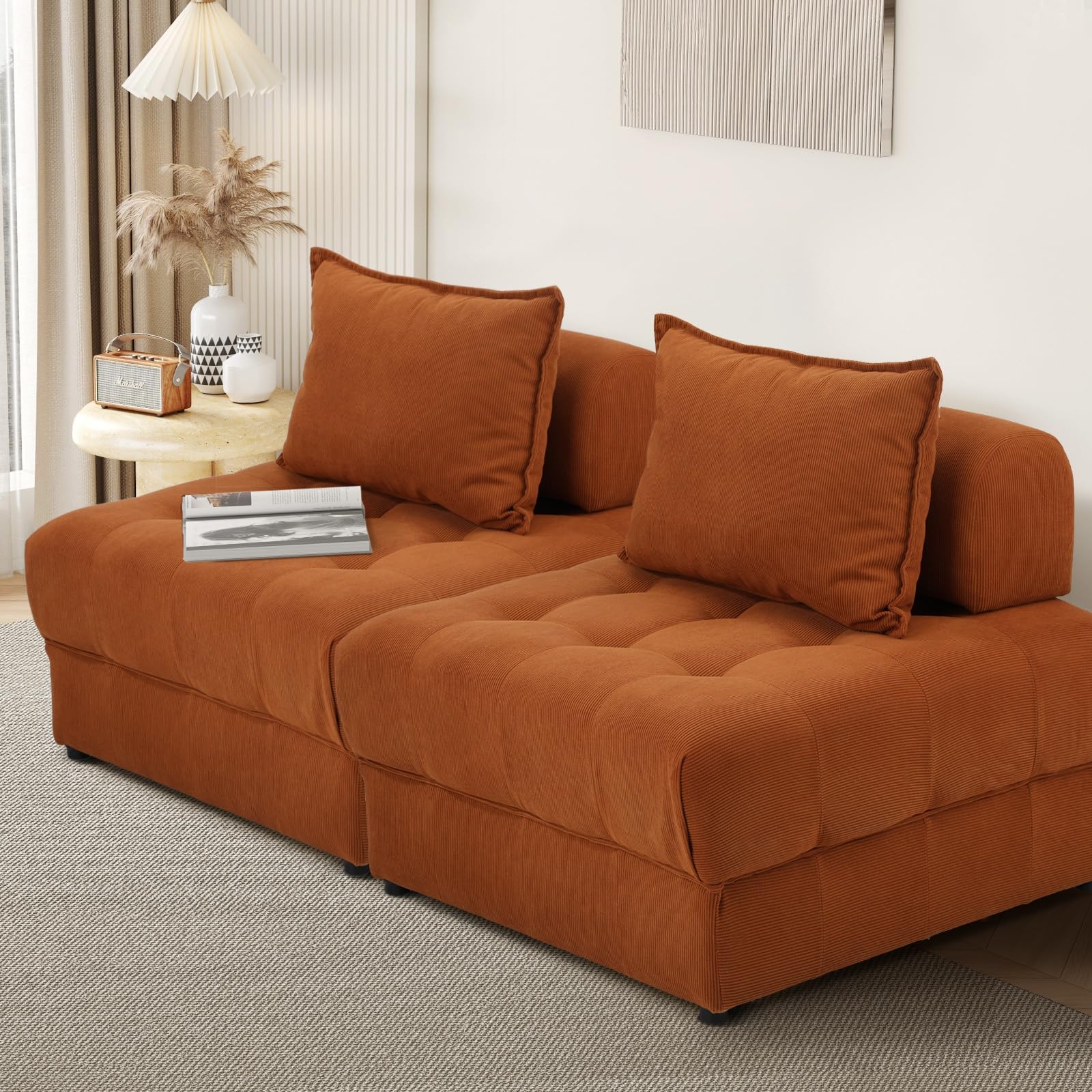 Oikiture Velvet Floor Sofa with Cushion 2 Seater Lounge Chair Brown - 2pc - Sofa-Velvet-Brown