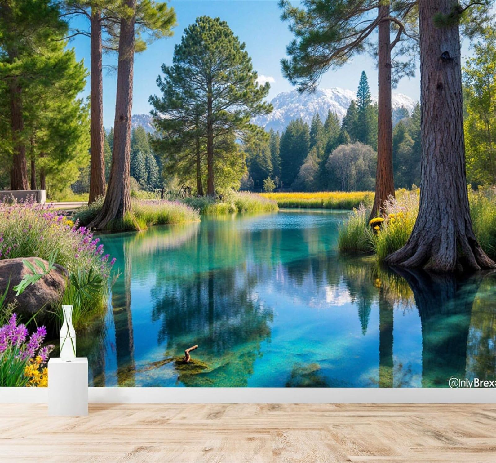 XLMING Serene Forest Lake Pine Trees Wildflowers Snow Capped Mountains 3D Wallpaper Premium Textured Silk Study Dining Living Room Bedroom Sofa TV Wall Easy Install-430cm×300cm