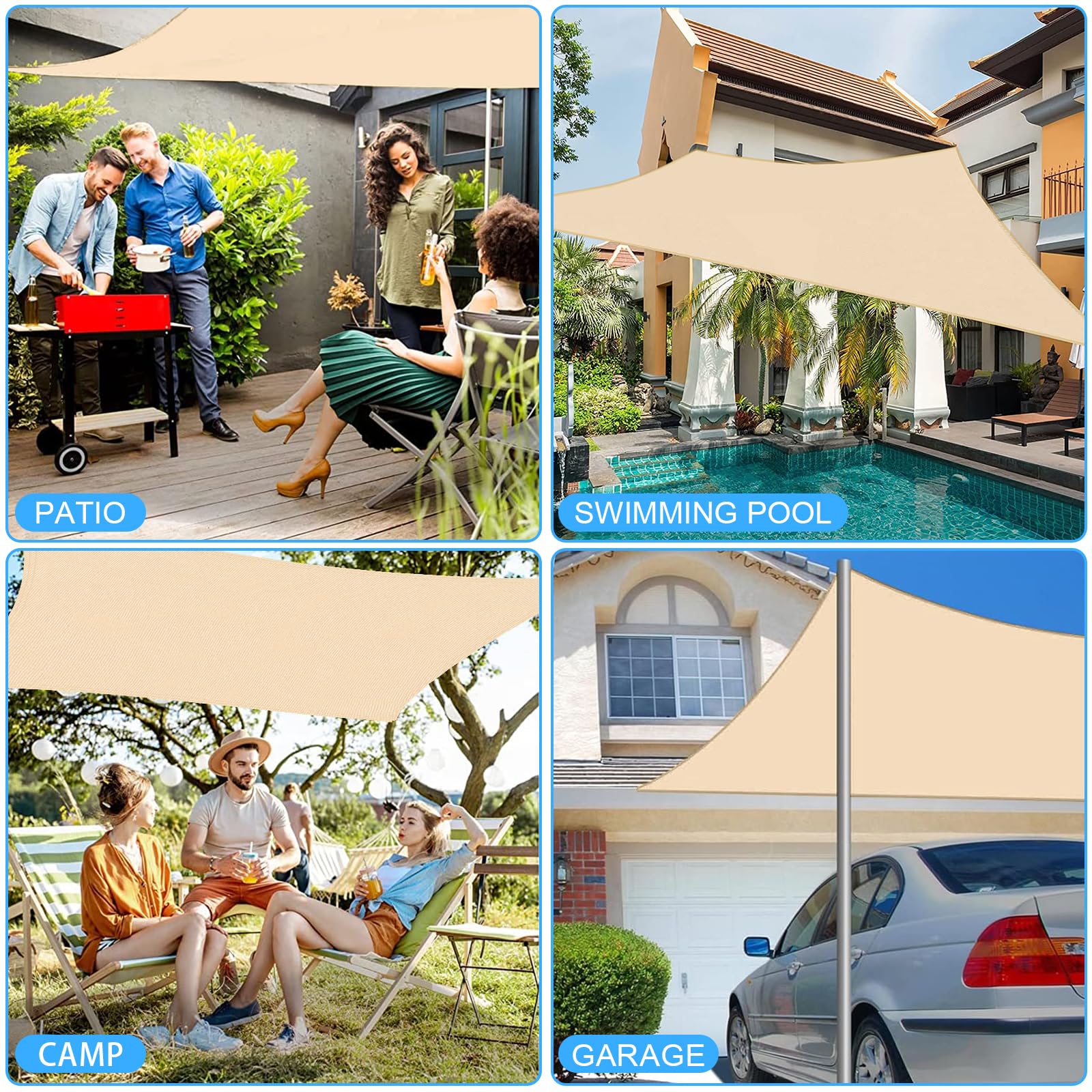 Wasserdichtes Rechteckiges Sonnensegel 3x5m 420D Verschlüsseltes Verdicktes Oxford Gewebe 95% UV Beständig für Pool, Garten, Terrasse, Park, Camping - Beige