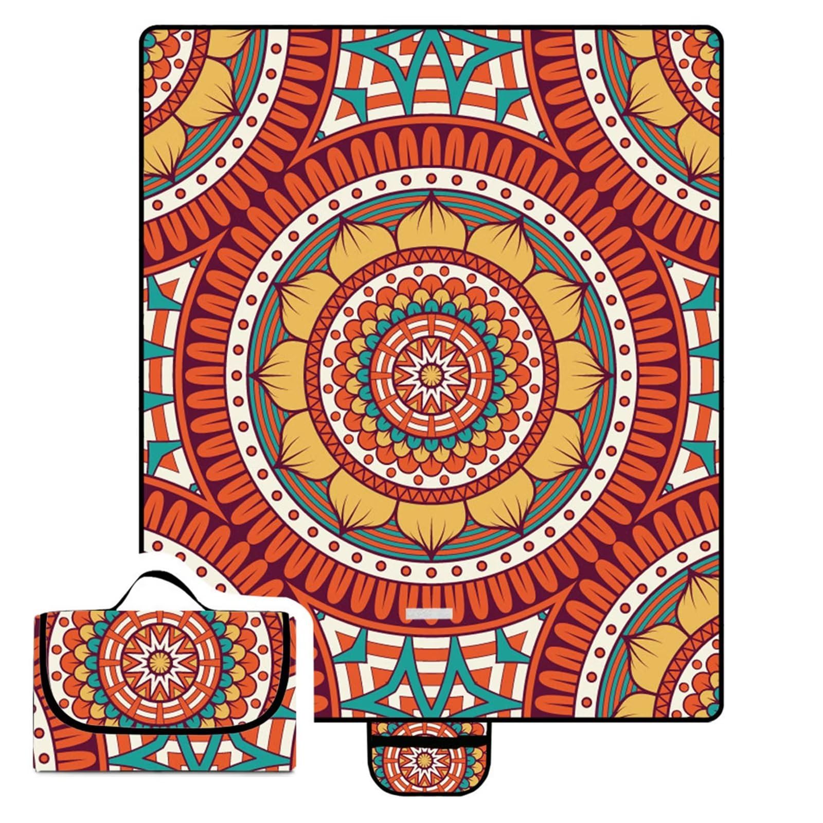 Coperta da Picnic Mandala arancione,100x150cm,Grande XXL Picnic Blanket,con Parte Inferiore Impermeabile Tappetino Spiaggia Isolata Pieghevole per Spiaggia,Campeggio,Esterno,Parco,Giardino