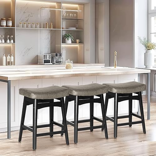 Miniatura 78 de Sophia & William Juego de 4 taburetes de bar de altura de mostrador, modernos taburetes de bar de piel sintética sin respaldo con patas de madera