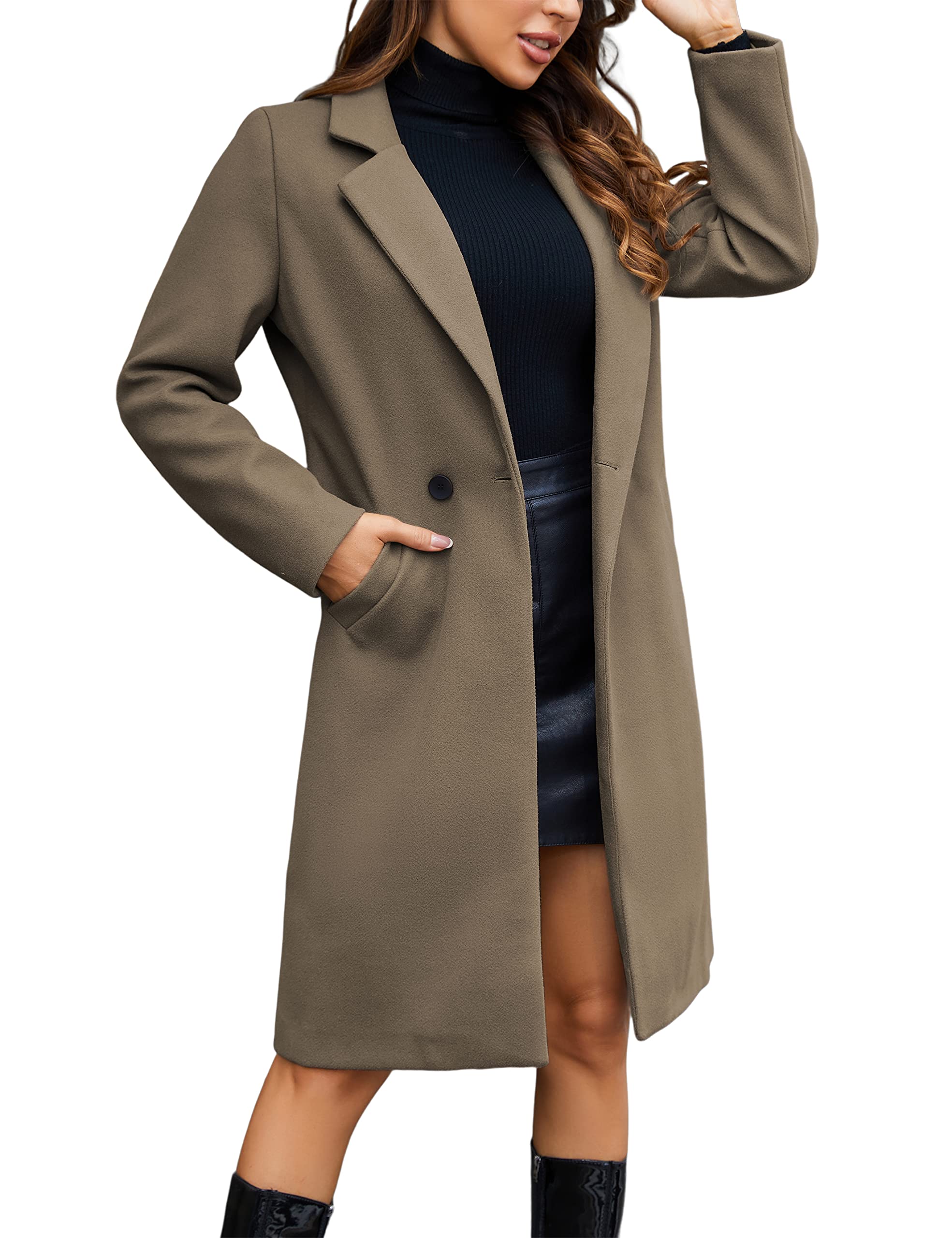 TanmingWomen's Notch Lapel Double Breasted Wool Blend Mid Long Pea Trench Coat
