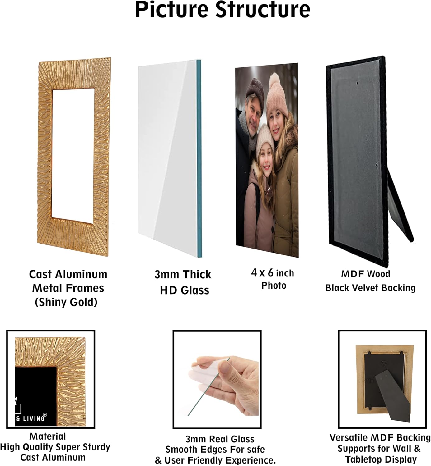 AHC HOME & LIVING Merry Christmas Picture Frame - Elegant 4x6 Metal Winters Textured Design for Tabletop & Wall Display - Ideal for Christmas and Holiday Decorations - Fits 4x6 Photos - Gold