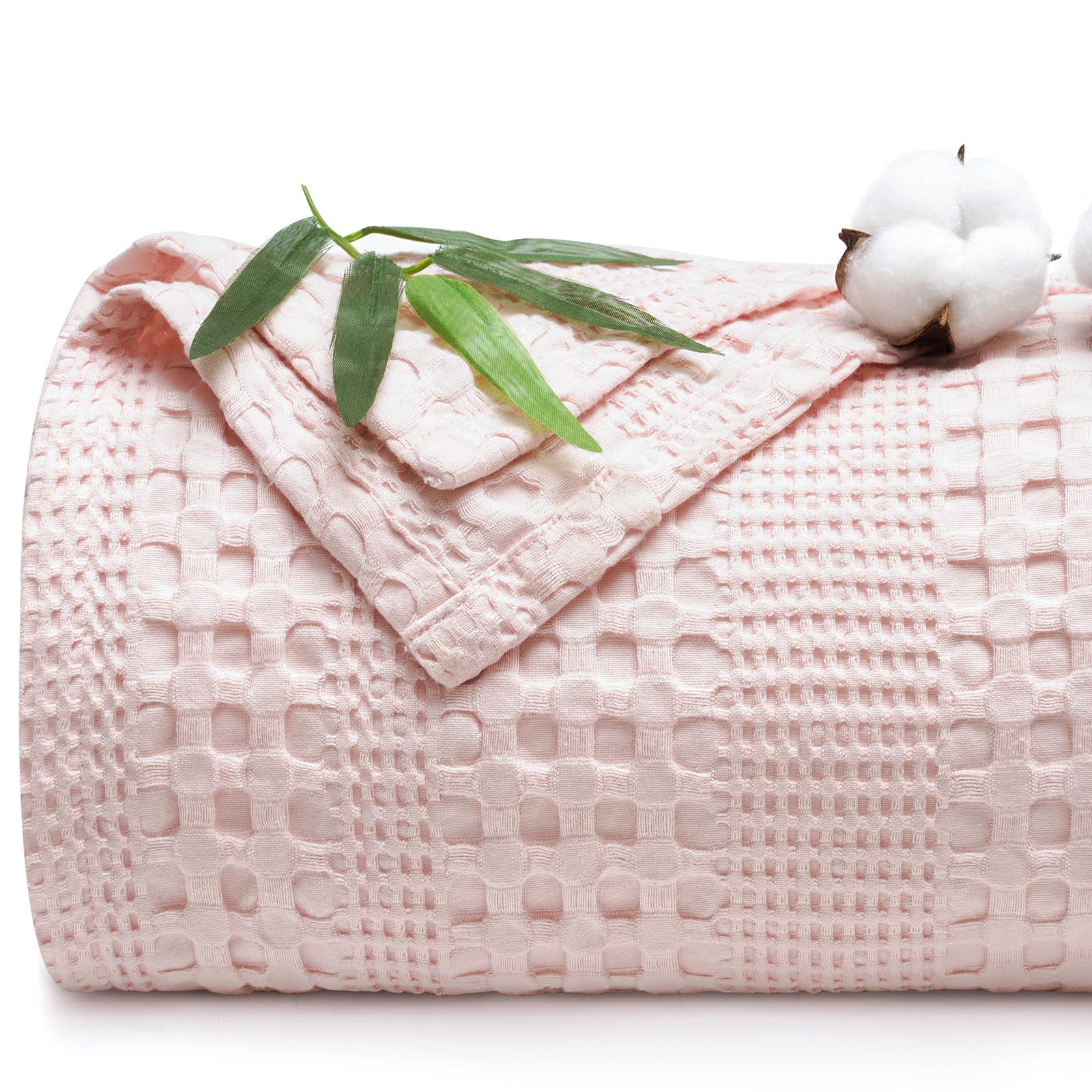phf cooling waffle blanket twin size, lightweight 60% rayon derived from bamboo & 40% cotton breathable blanket for hot sleepers, soft and luxury for bed couch and sofa, 66"x90", pink