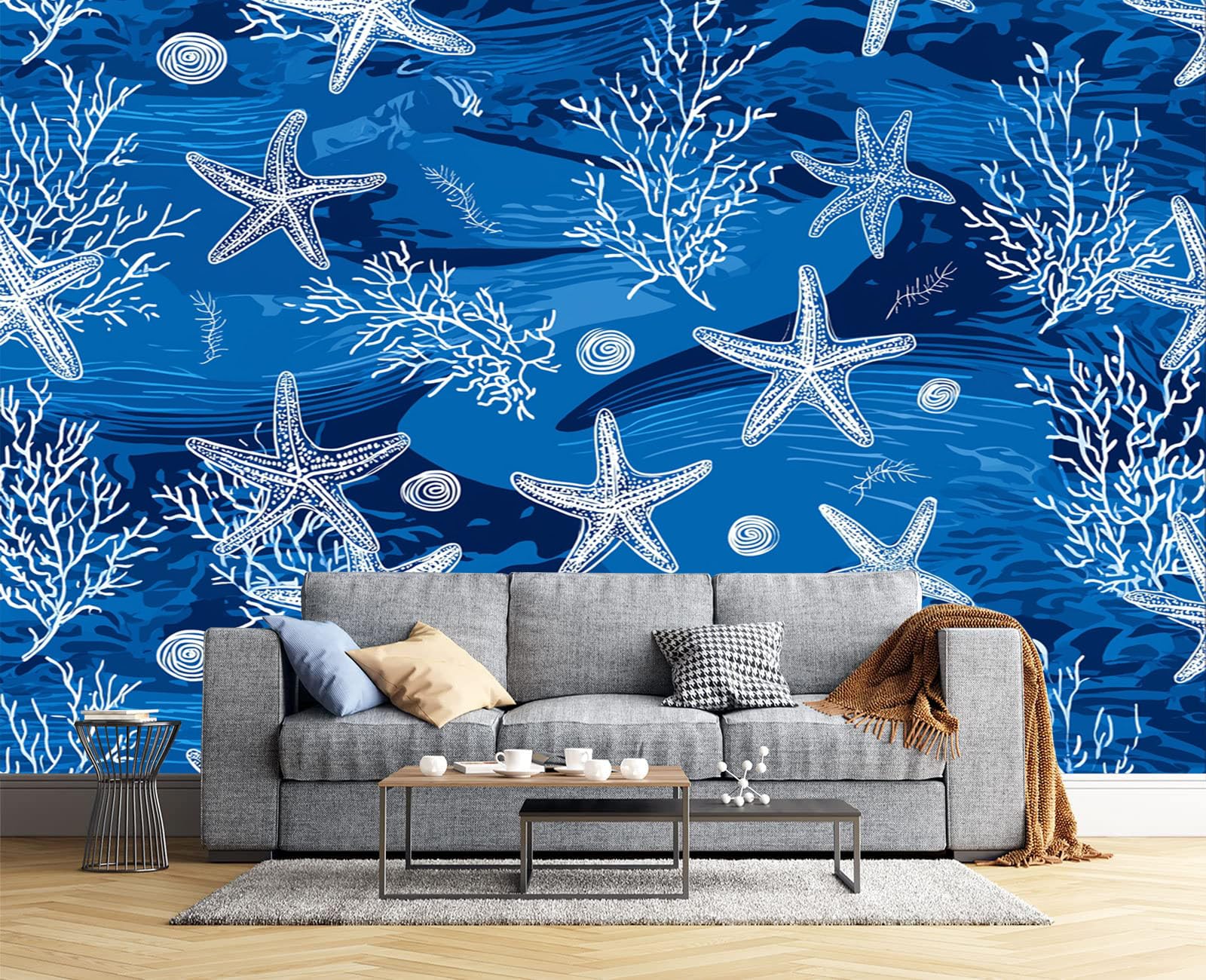 Fresque murale tapisserie thème nautique pour salon moderne et apaisant