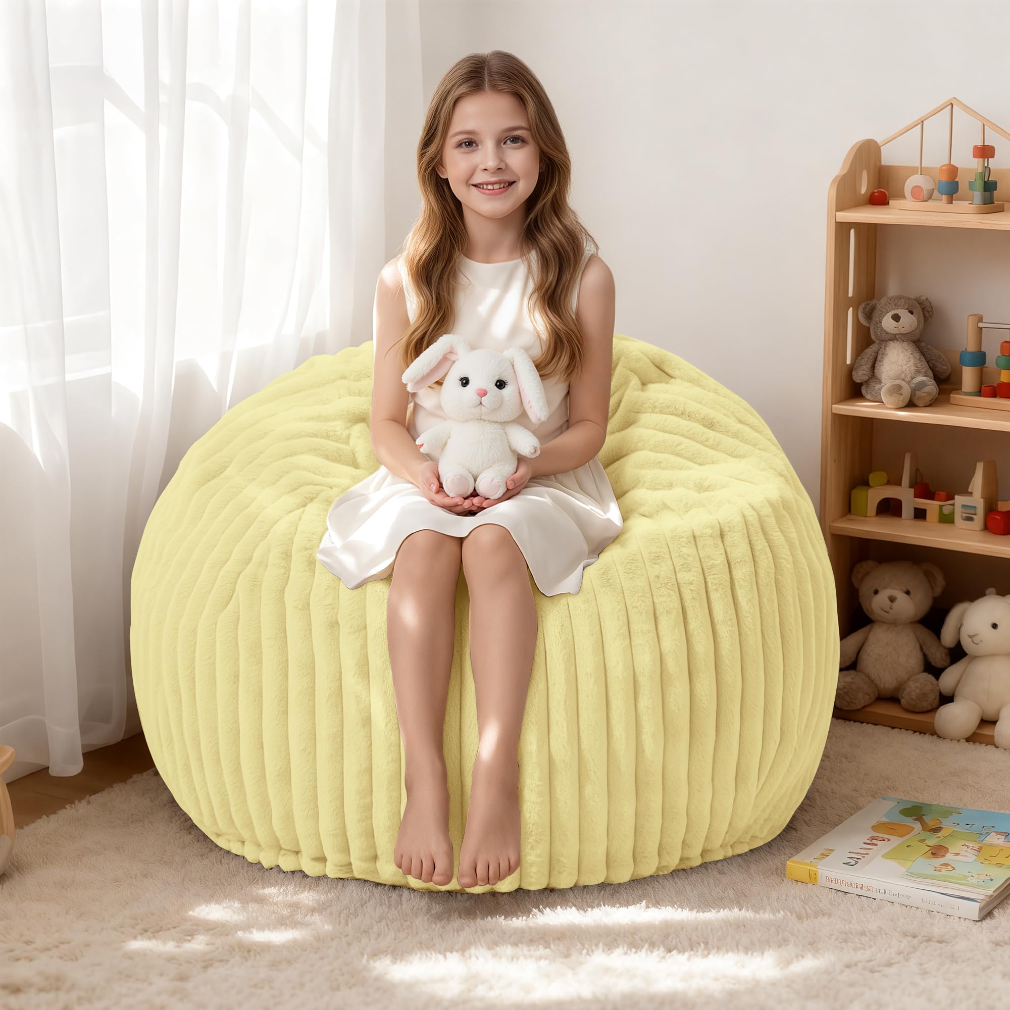 HABUTWAY 2FT Bean Bag Chair, 2' Bean Bag Chairs with Memory Foam Filled, Small Comfy Beanbag Chair with Stripe Plush Cover for Living Room Bedroom Dorm，Yellow