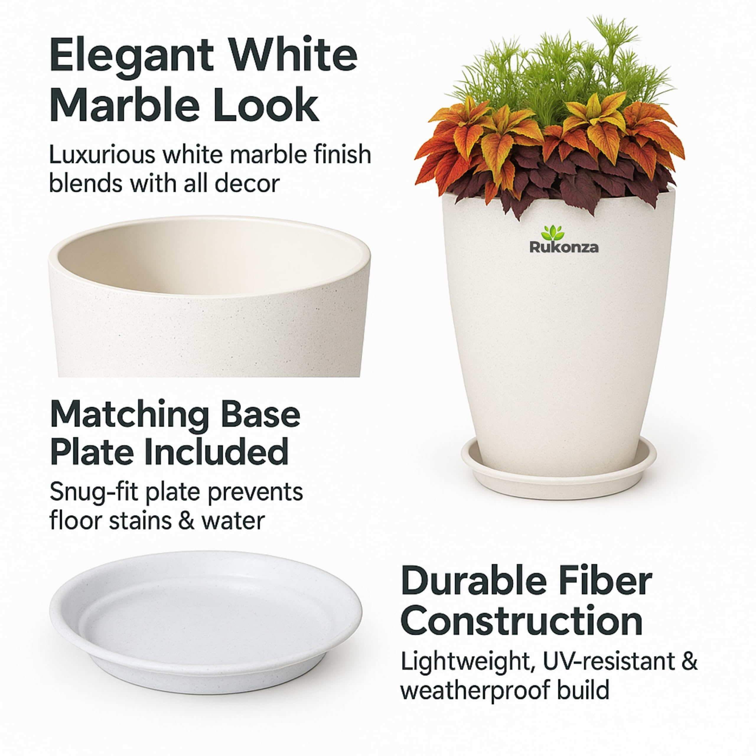 Rukonza Fiber Tower Planters - 4 Pack, White Marble -4 Rukonza Fiber Tower Planters - 4 Pack, White Marble -4