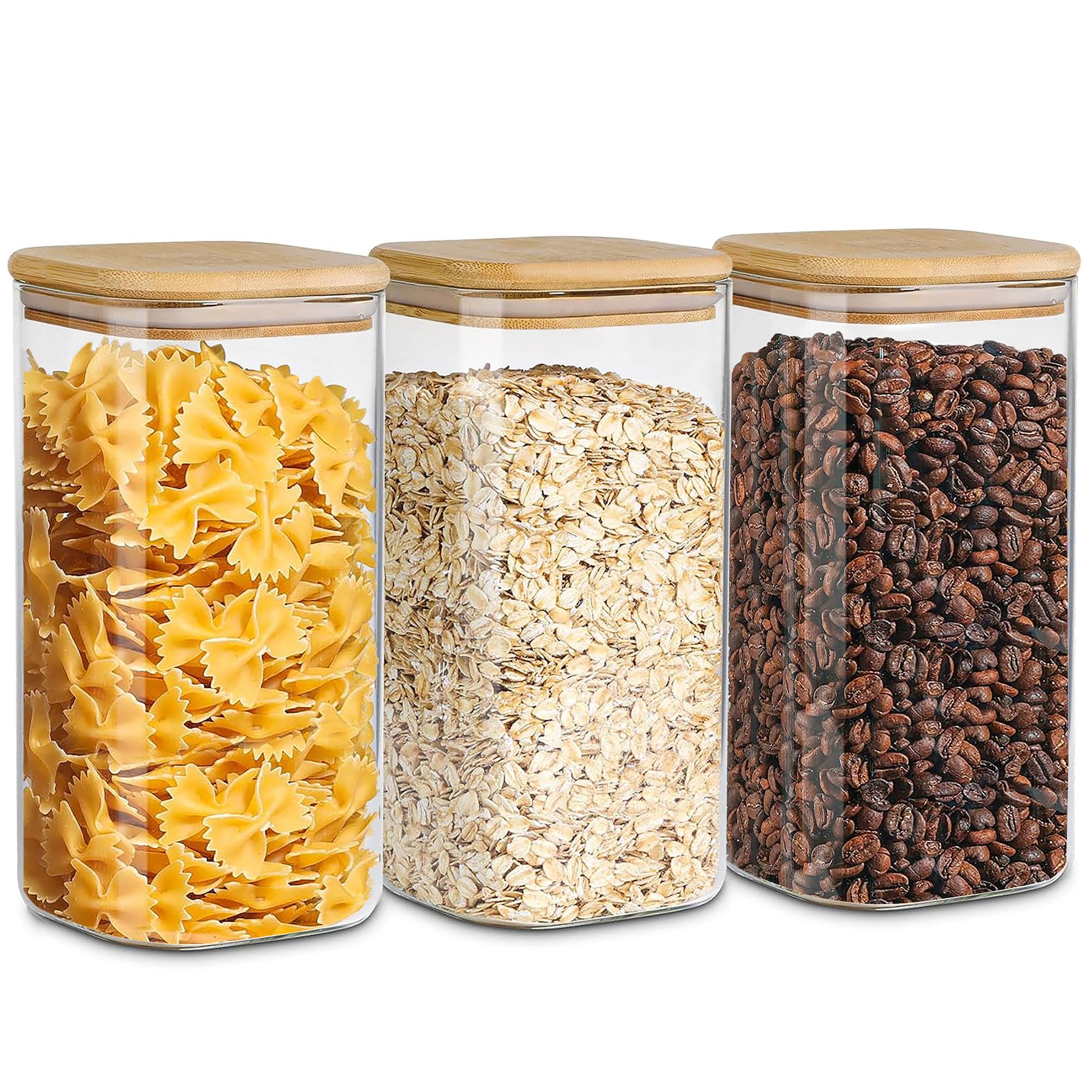 Glass Storage Containers with Airtight Bamboo Lids Set of 3,Pantry Food Glass Jar with Lid,Perfect for Kitchen Organization-Flour,Rice,Pasta,Sugar,Coffee Beans,Accessories Included (3 packs(68oz))