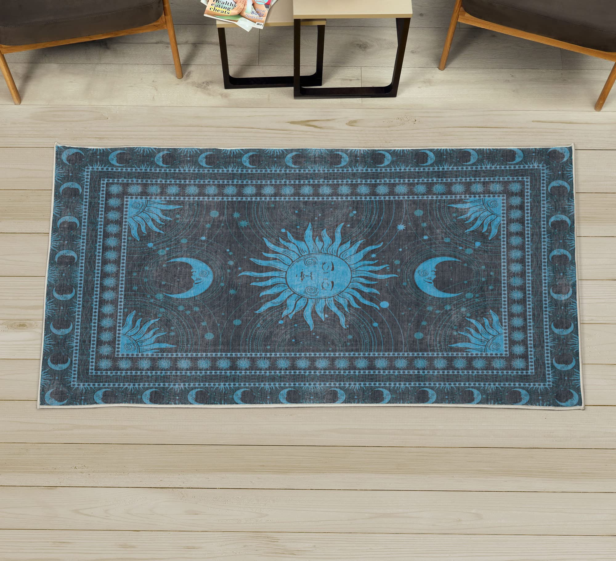 Ambesonne Sun and Moon Decorative Rug, Bohemian Artwork Design of Crescent Solar Ornament Esoteric Stars Ornaments, Quality Carpet for Bedroom Dorm and Living Room, 2' 5