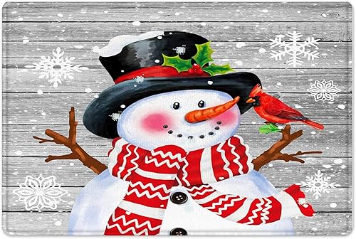 LB Tapete de baño de muñeco de nieve de Navidad para baño, copos de nieve blancos de vacaciones de invierno sobre tablas de madera gris rústicas,