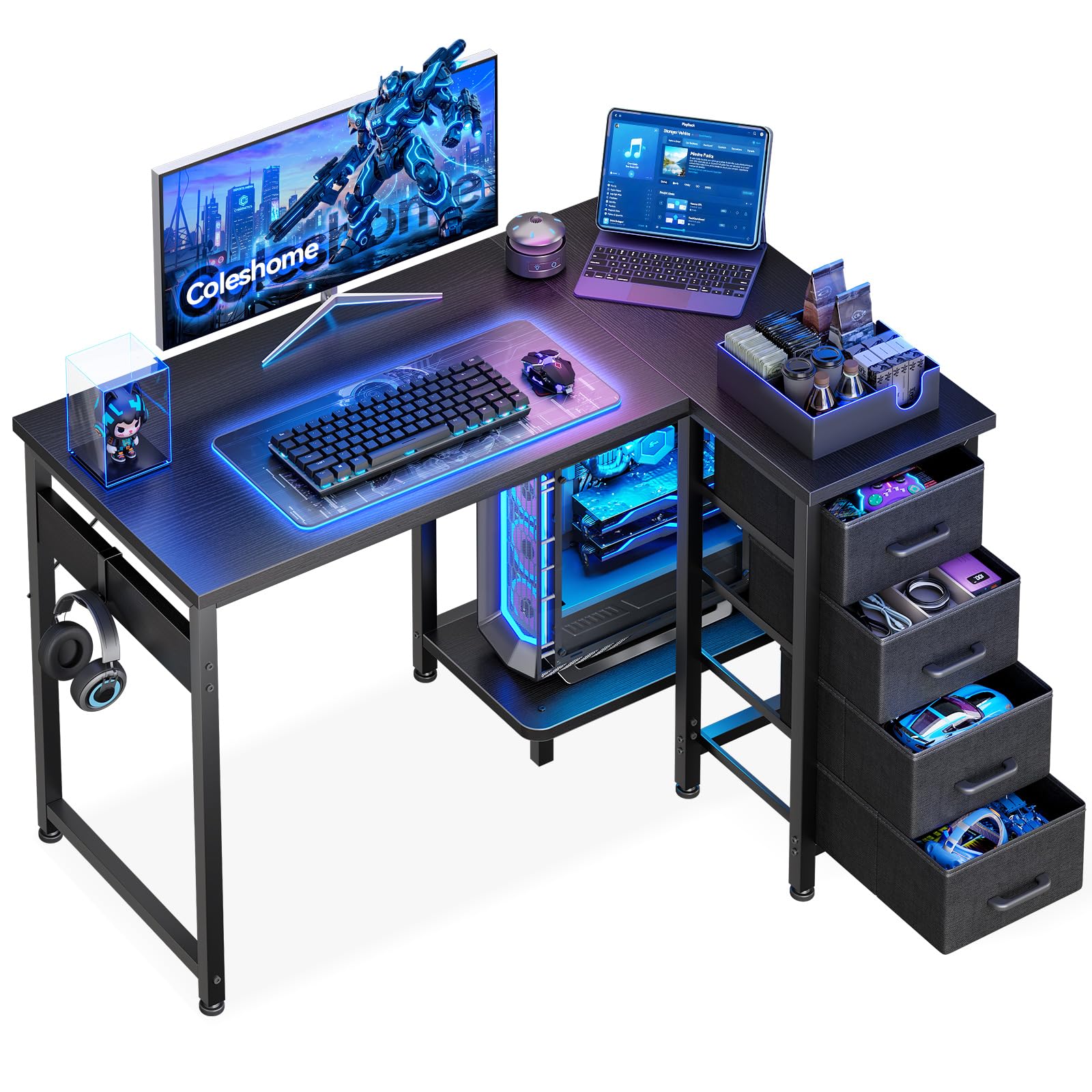 Coleshome Bureau d'angle avec 4 tiroirs, 100x70cm Bureau Gaming, Table Gaming réversibles pour Le Travail à Domicile, Noir