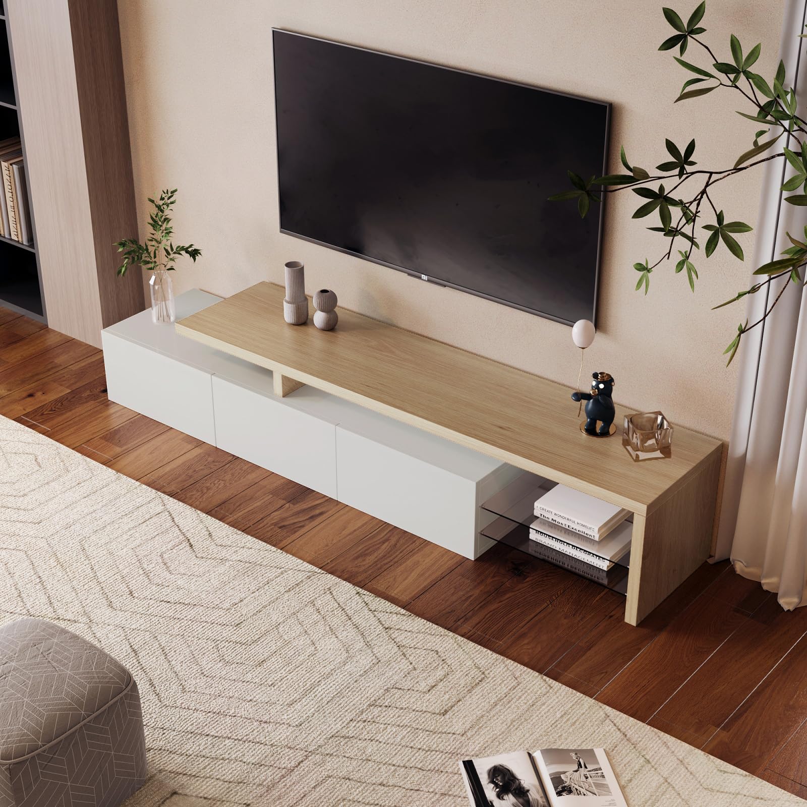 TV Ark, práctico espacio de almacenamiento de madera, consola de TV con 3 armarios e iluminación LED, aspecto brillante, estantes de cristal integrados, mueble de TV elegante y práctico