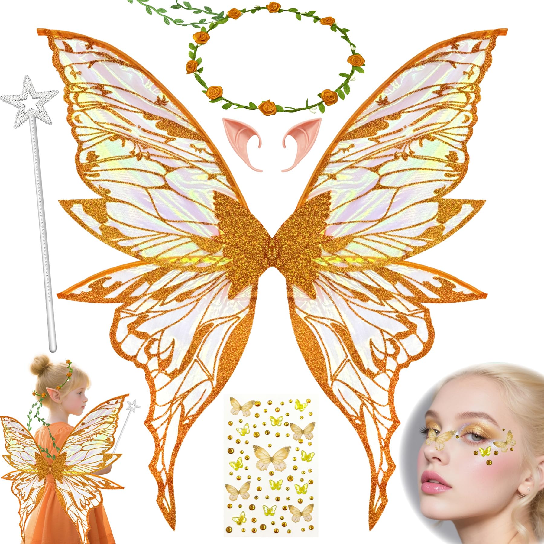 YeahBoom Children's fairy wings, butterfly wings with elf ears, fairy headband and star fairy wands, butterfly wings
