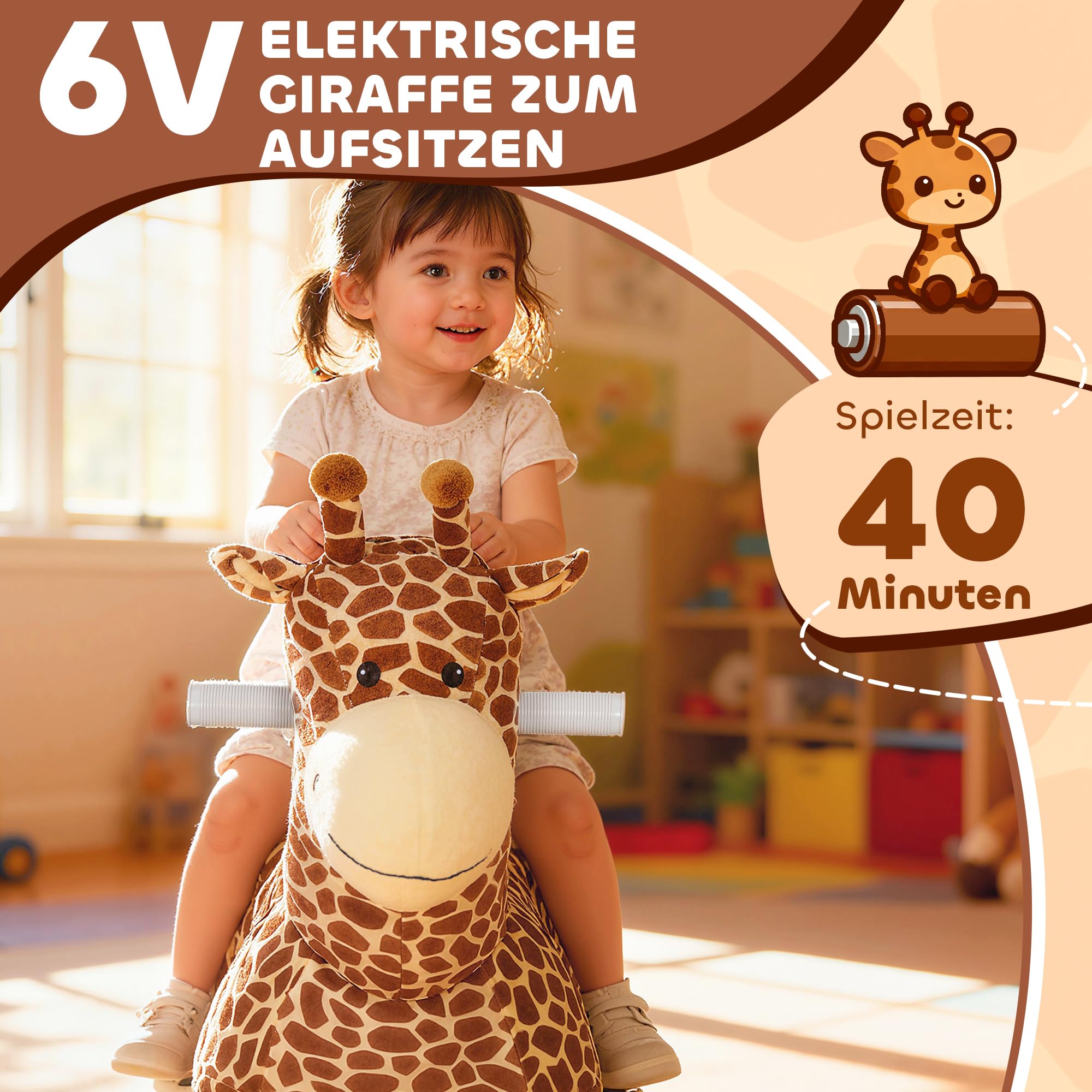 AIYAPLAY Kinder Elektroauto in Giraffenform 6V für 1,5-5 Jahre Braun | Batteriebetriebenes Kinderfahrzeug, Mit Musik, Fußpedal, Waschbar Plüschbezug, Leise Räder, 1,8-3 km/h, Elektrisches Pferd