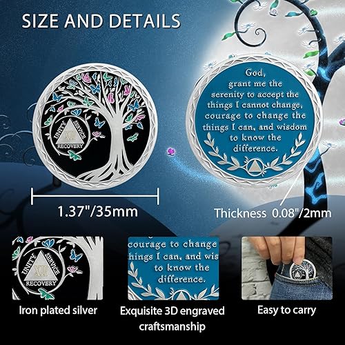 Miniatura 5 de Moneda de sobriedad de 12 años  Chip de sobriedad del árbol de la vida  Fichas AA de mariposa y medallones  Regalos de sobriedad para mujeres y