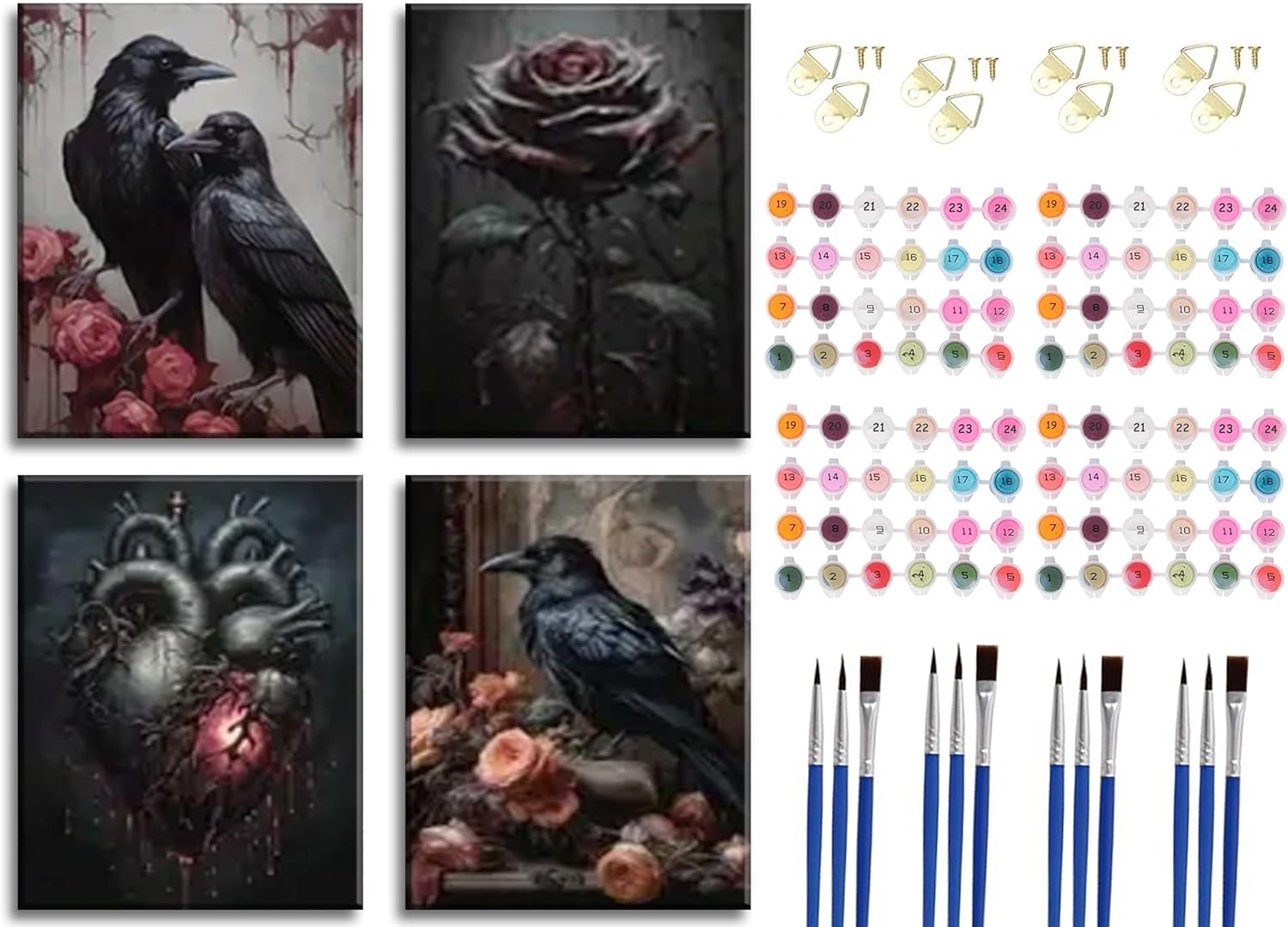 4Pcs Gothic Dark Art Paint by Number Kit with Frame, Halloween Crow Rose Themed DIY Painting for Adults, Framed Canvas 12x16inch