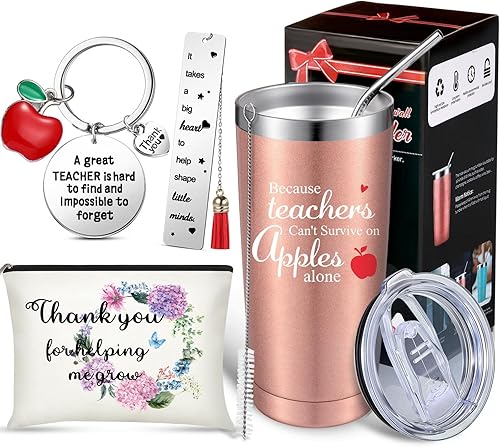 Geiserailie Juego de 4 regalos de agradecimiento para profesores de estudiantes, vaso de viaje de 20 onzas con popotes, cepillos y tapas, bolsa de