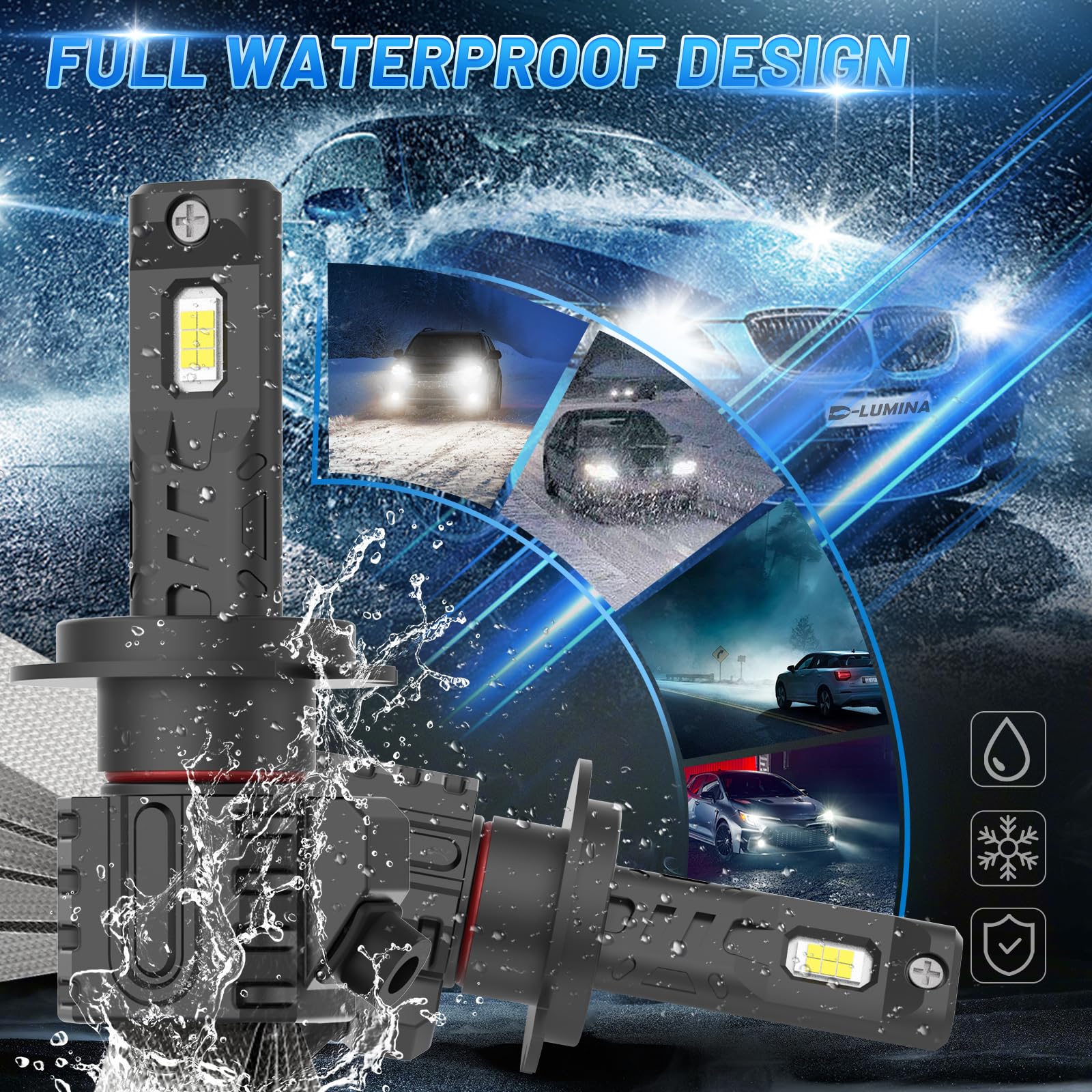 D-Lumina H7 LED Żarówka Canbus 160W 30000LM, Wysoka Jasność Biała Barwa 6500K, Zestaw Do Konwersji do Reflektorów Halogenowych w Samochodzie, 4 Plecione Paski Chłodzące, 2 sztuki