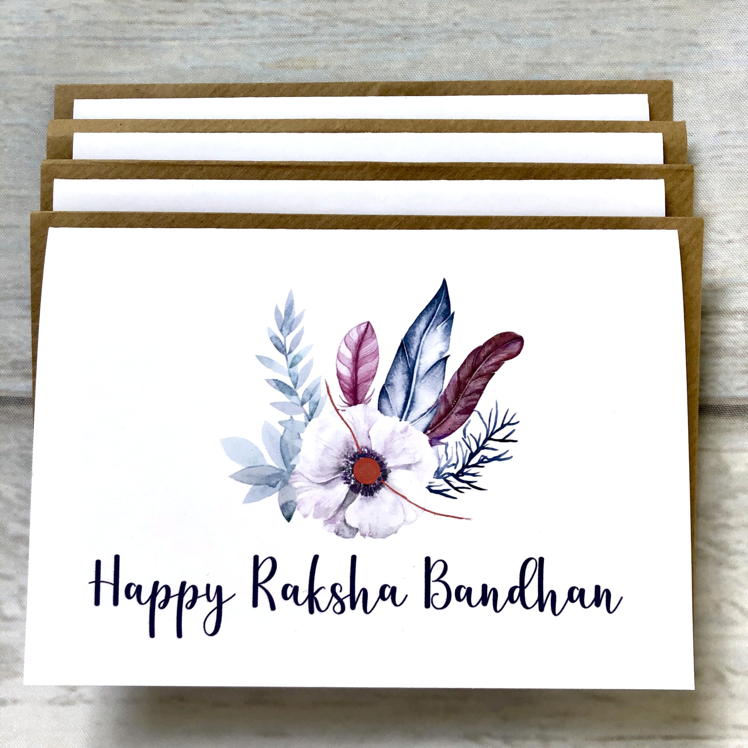Raksha Bandhan Greeting Cards with Peacock Feather Design, Pack of 4, Brown Envelopes