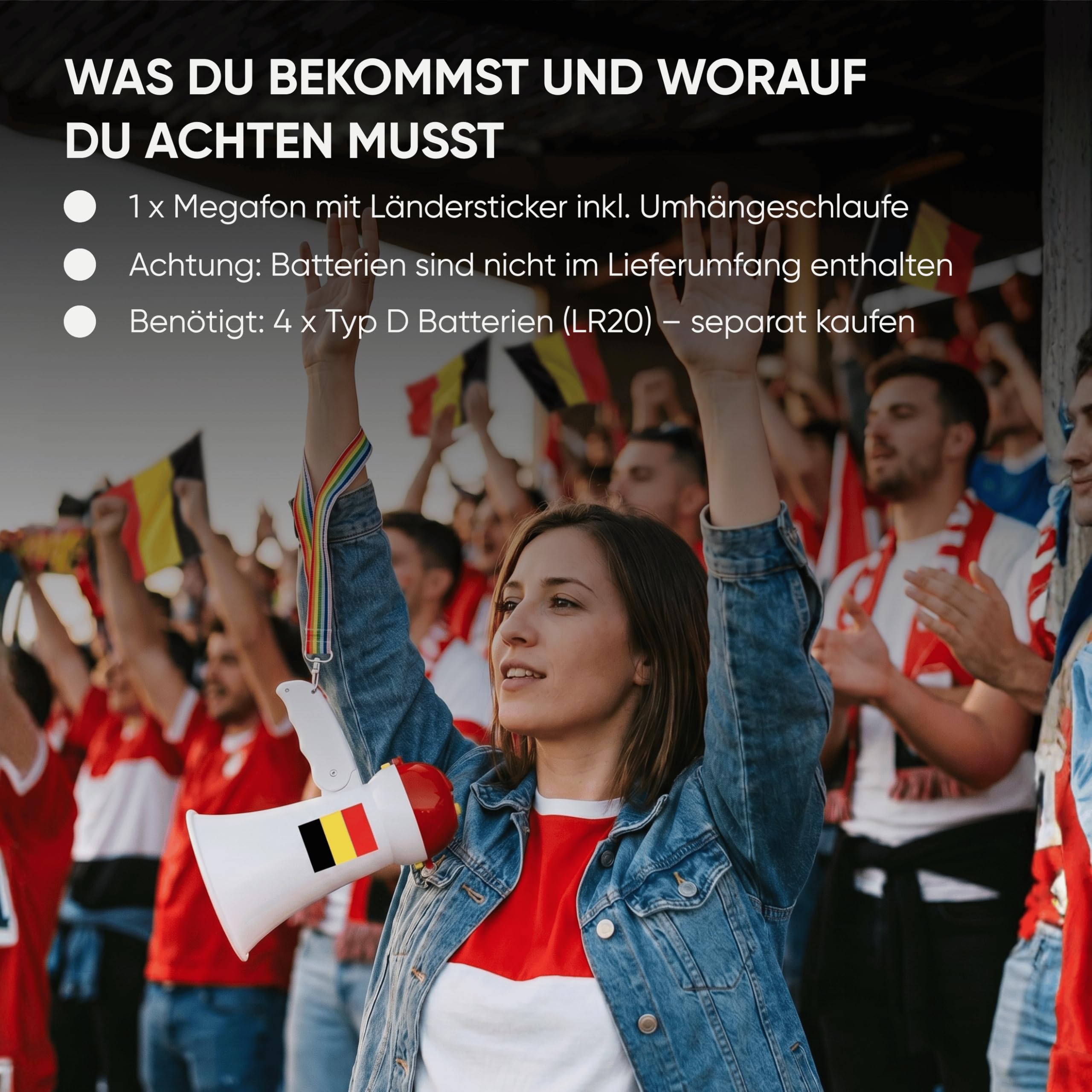 Sonia Originelli Megafon Fan Tröte mit Lautsprecher - Megaphon zum Anfeuern mit Schlaufe für das Handgelenk & Ländersticker WM Fußball