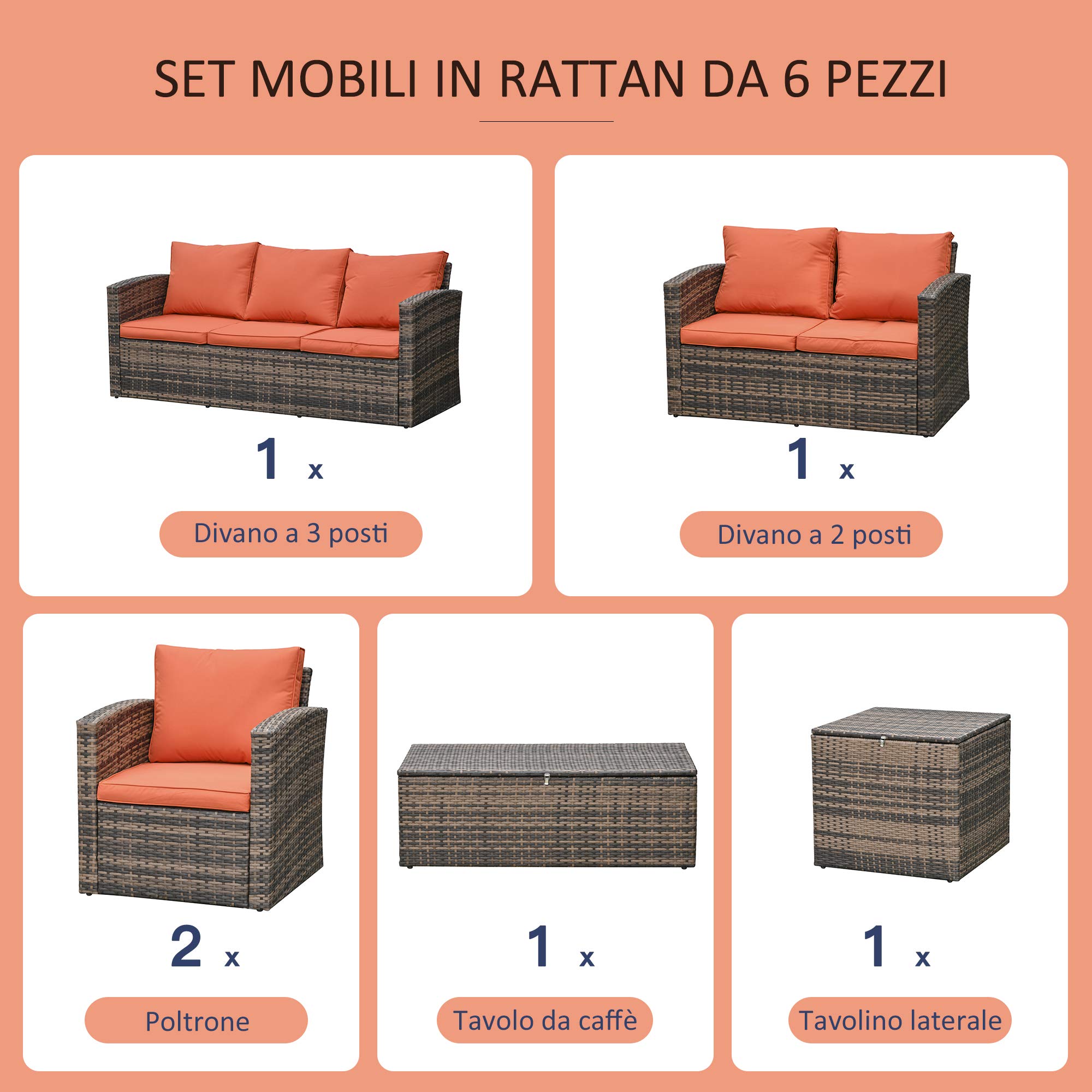 Outsunny Set Mobili da Giardino 6 Pezzi in Rattan, Salotto da Giardino con 2 Tavolini Contenitore, Divani e 2 Poltrone Imbottiti per 7 Persone, Marrone