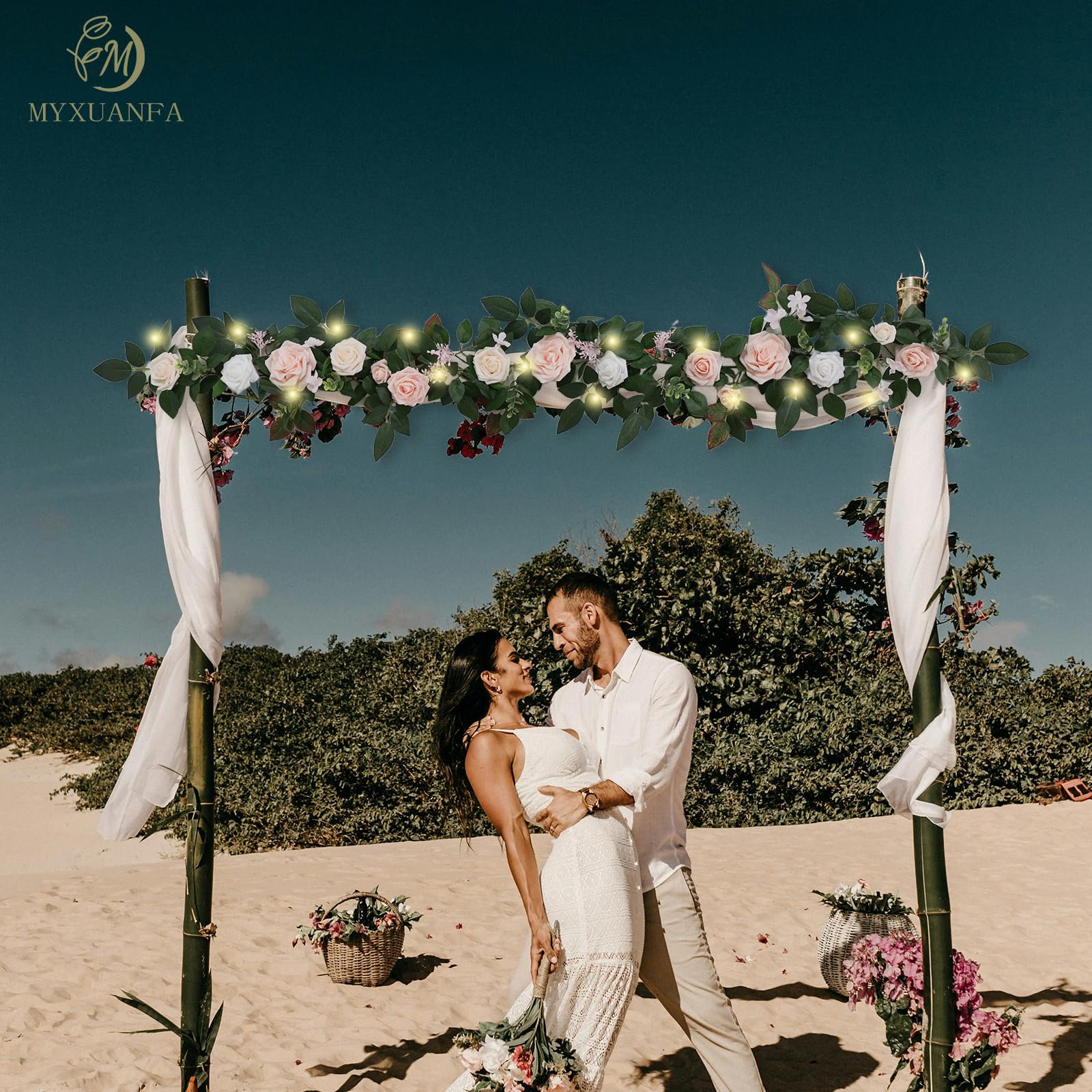 Guirnalda de flores de 6 pies con luces, guirnalda de eucalipto artificial con flores de rosa, guirnalda de MYXUANFA con luz para arco de boda, centro de mesa, decoración de habitación, funciona con