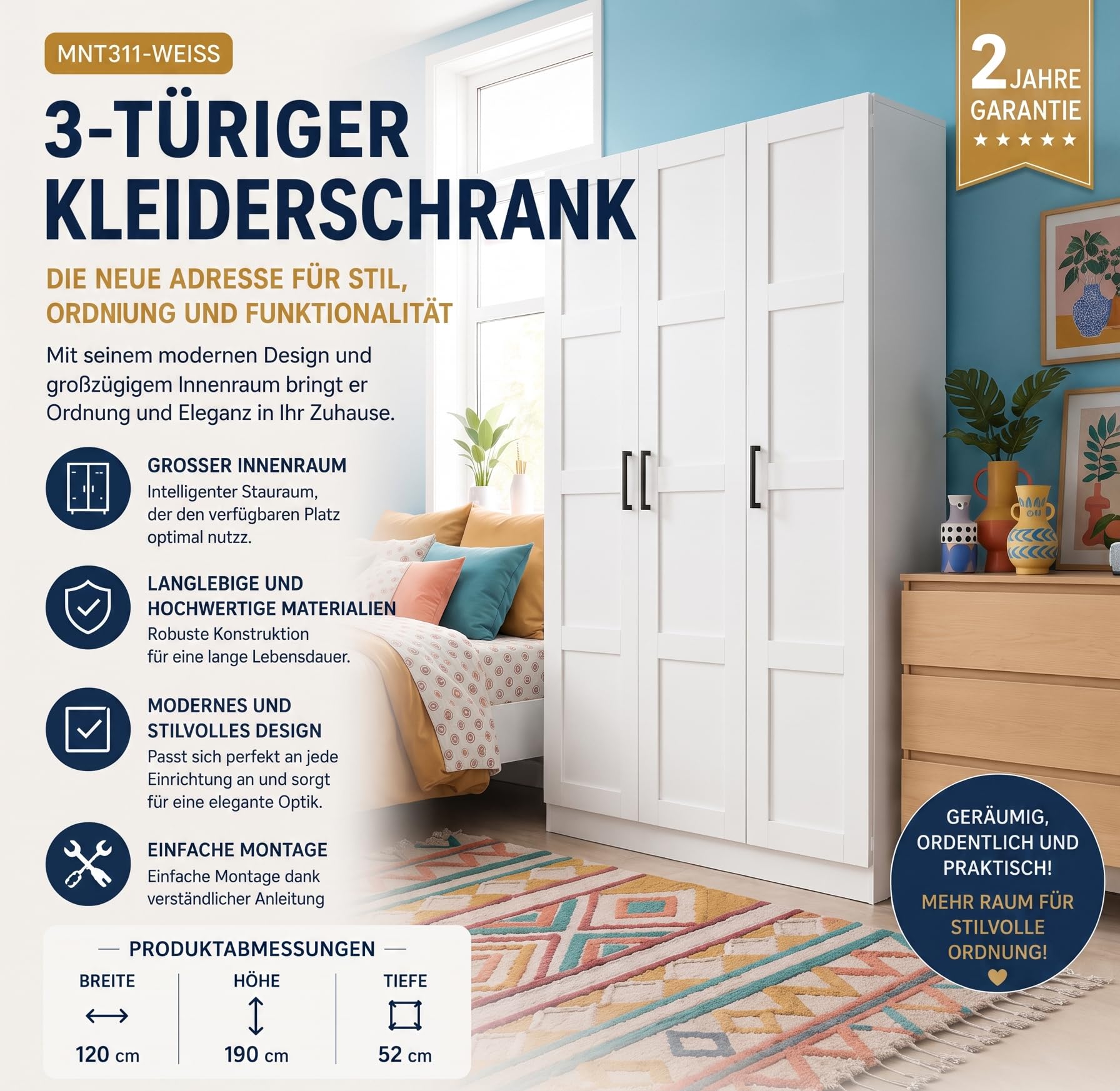 MNT311 3-türiger Kleiderschrank Weiß