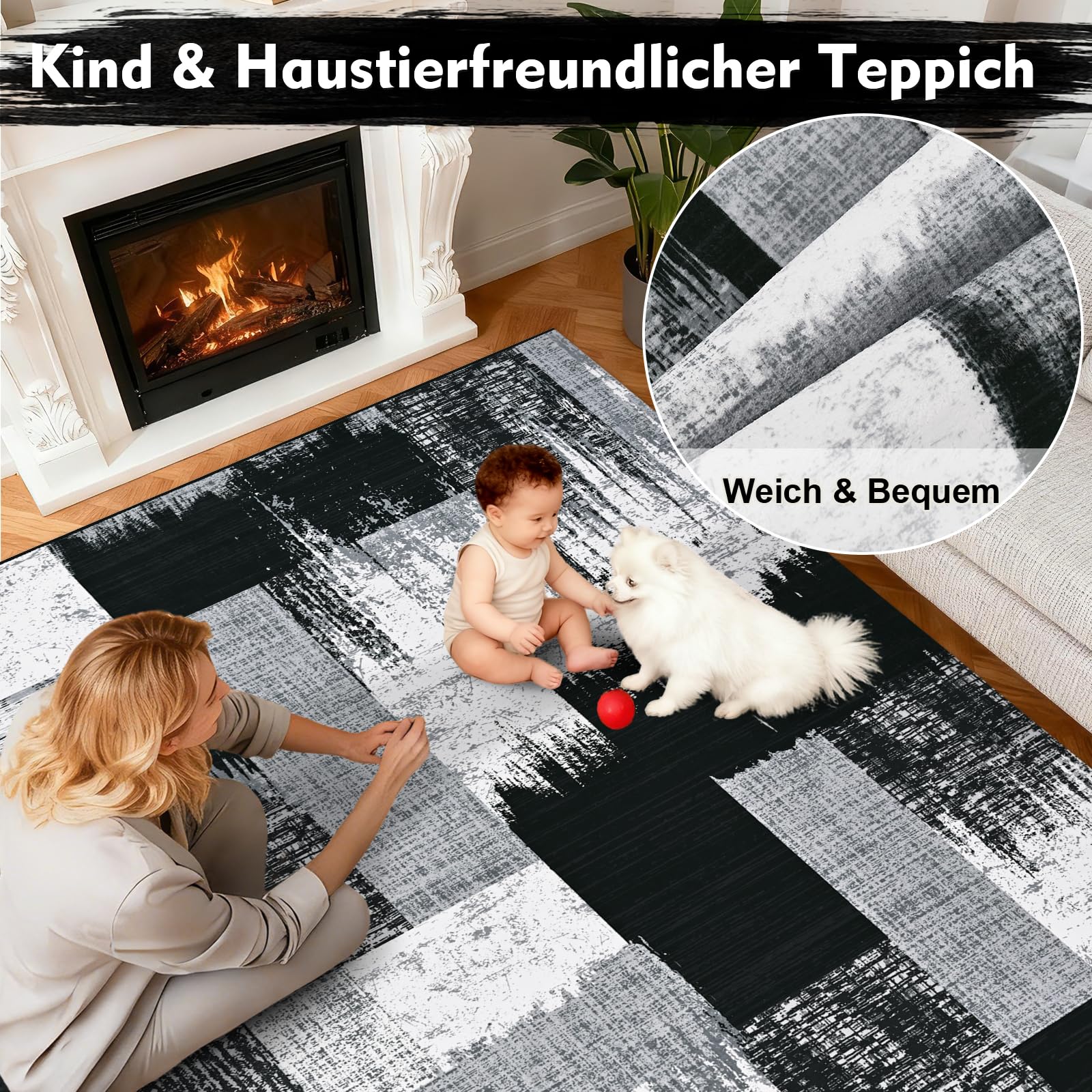 Alishomtll Tapis moderne géométrique noir gris 160 x 230 cm | Tapis de cuisine antidérapant à poils courts - Doux et lavable - Pour salon, chambre à coucher, bureau, entrée