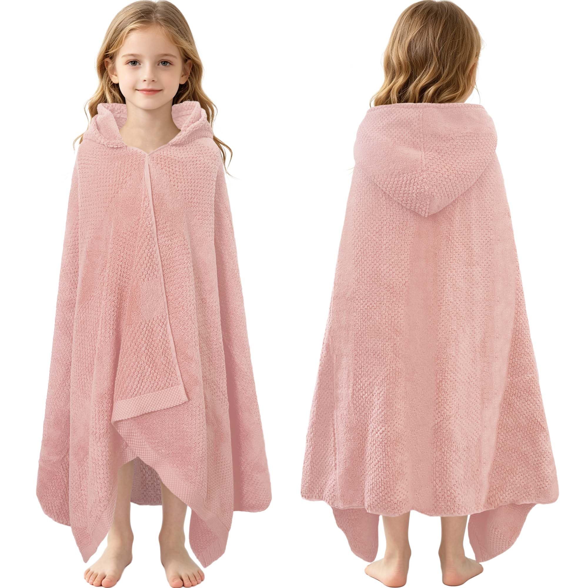 VOOVA & MOVAS Kids Bath Towel, 6-10 Years, 100% Cotton, Light Pink Waffle | Vertical Raised Waffle Surface, Plush Thick Towel, High Absorbency for Pool and Beach Light Pink-vertical Waffle Hooded Wrap Towel(Age 6-10)