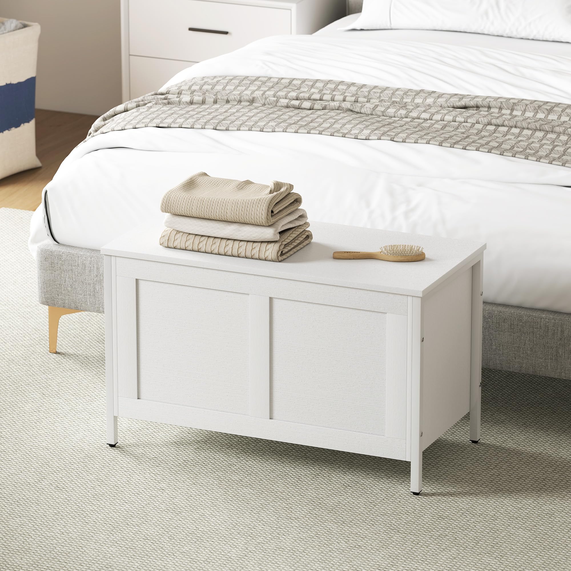 HOMCOM Camera da letto Cassapanca 95 L Panca di stoccaggio con coperchio Cerniera di sicurezza per corridoio Soggiorno 80x40x50 cm Bianco venato