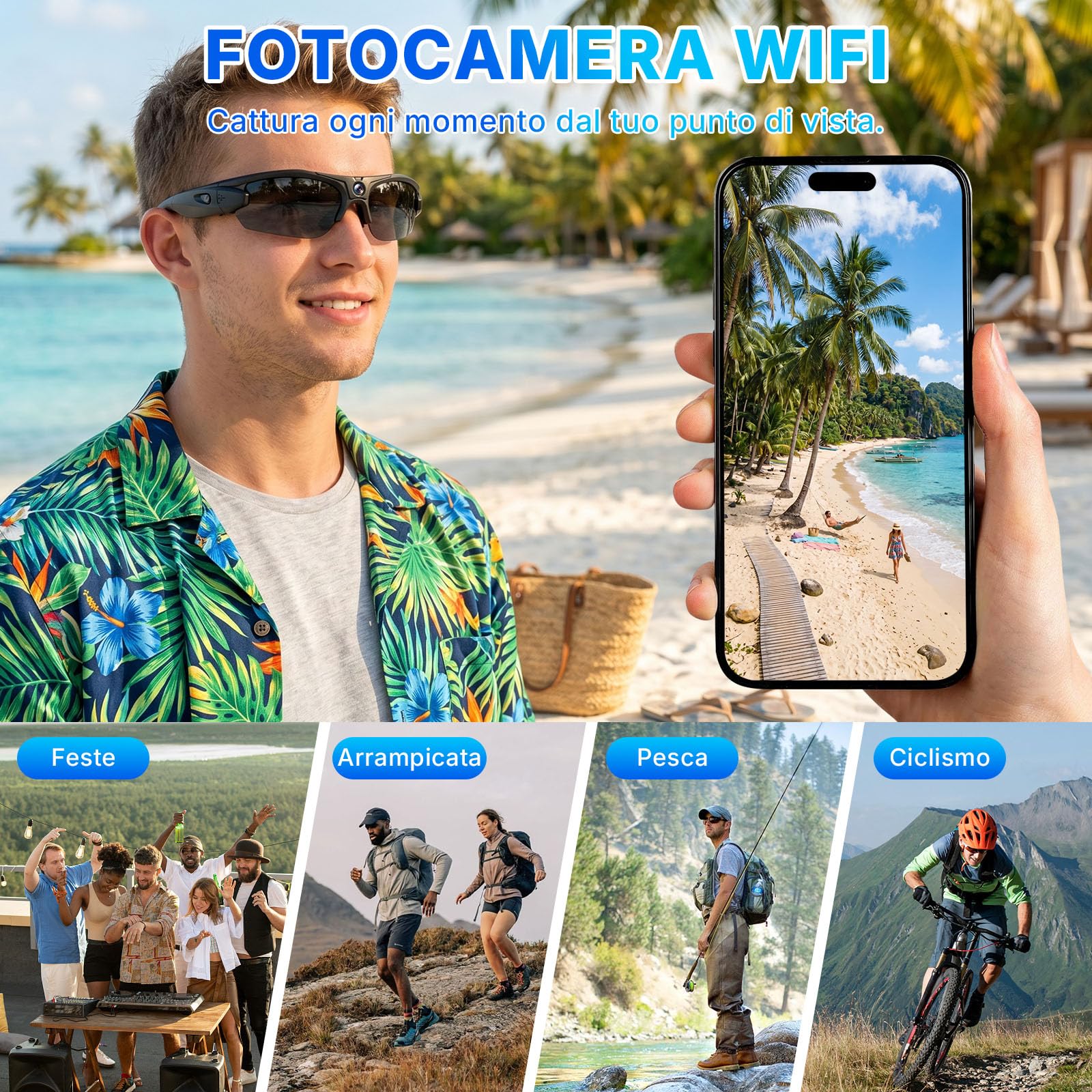 Occhiali da Sole con Telecamera, Occhiali con Telecamera Nascosta | Mini Action Cam, Registrazione video in HD, 100 minuti, 120°, Wi-Fi, registrazione in loop per attività all'aperto