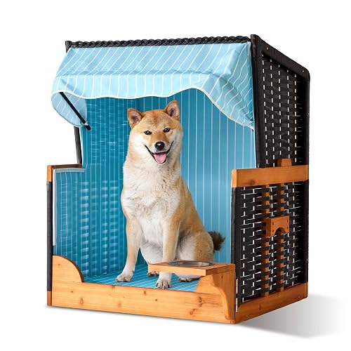 Relaxdays Strandkorb para Perros, ratán, con comedero, con Techo, 95x75x65 cm, jardín/terraza, Madera