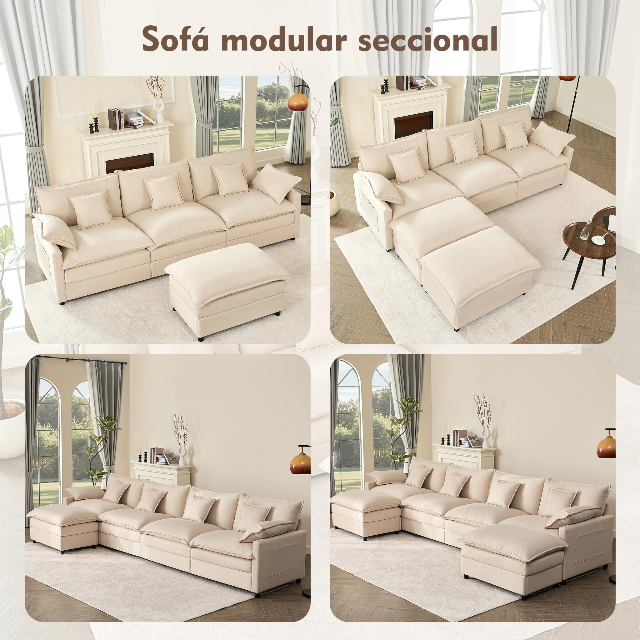274 cm Sofá Modular en Forma de U,Set of sofá de Esquina de 3 plazas con Taburete, diseño de Asiento Profundo, sofá Nube para Sala de Estar (Blanco Roto)