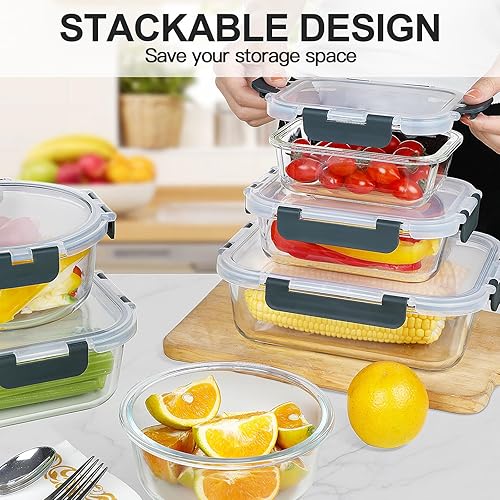 Miniatura 5 de KAMOTA Recipientes de vidrio para almacenamiento de alimentos, recipientes de vidrio gris para preparación de comidas, recipientes herméticos con