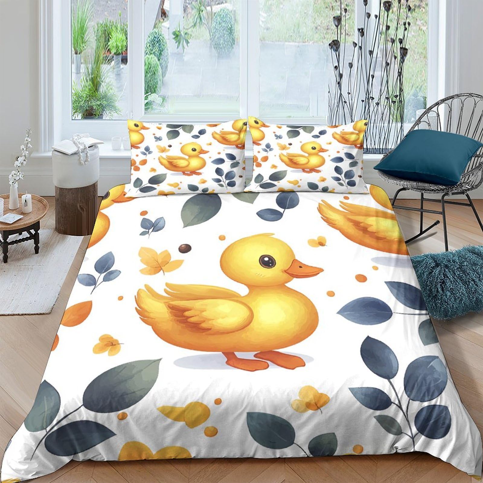 Ctjqhvkz Style-2 3D Printed Yellow Duck Fitted Sheet Microfiber Soft Cartoon Leaves Bed Sheet For Bedroom Dorm Mattress Cover Decor Single（135X200cm）